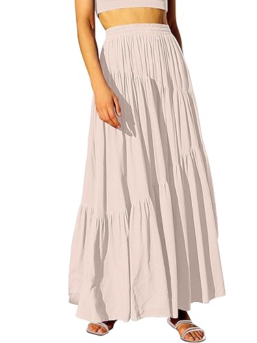 ANRABESS Women’s Boho Elastic High Waist Pleated A-Line Flowy Swing Asymmetric Tiered Maxi Long Skirt Dress with Pockets - Navy Blue X-Large