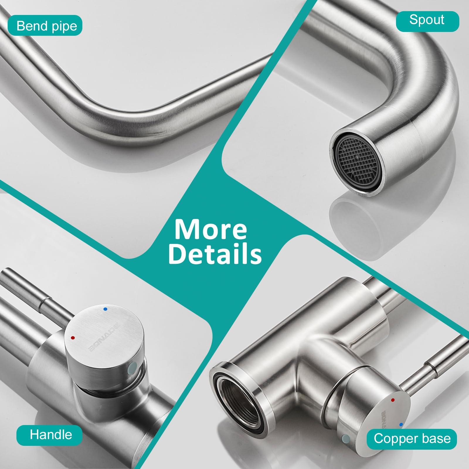 BONADE Grifo mezclador de acero inoxidable SUS304 de alta presión, giratorio 360°, grifo monomando apto para fregadero de cocina, cepillado