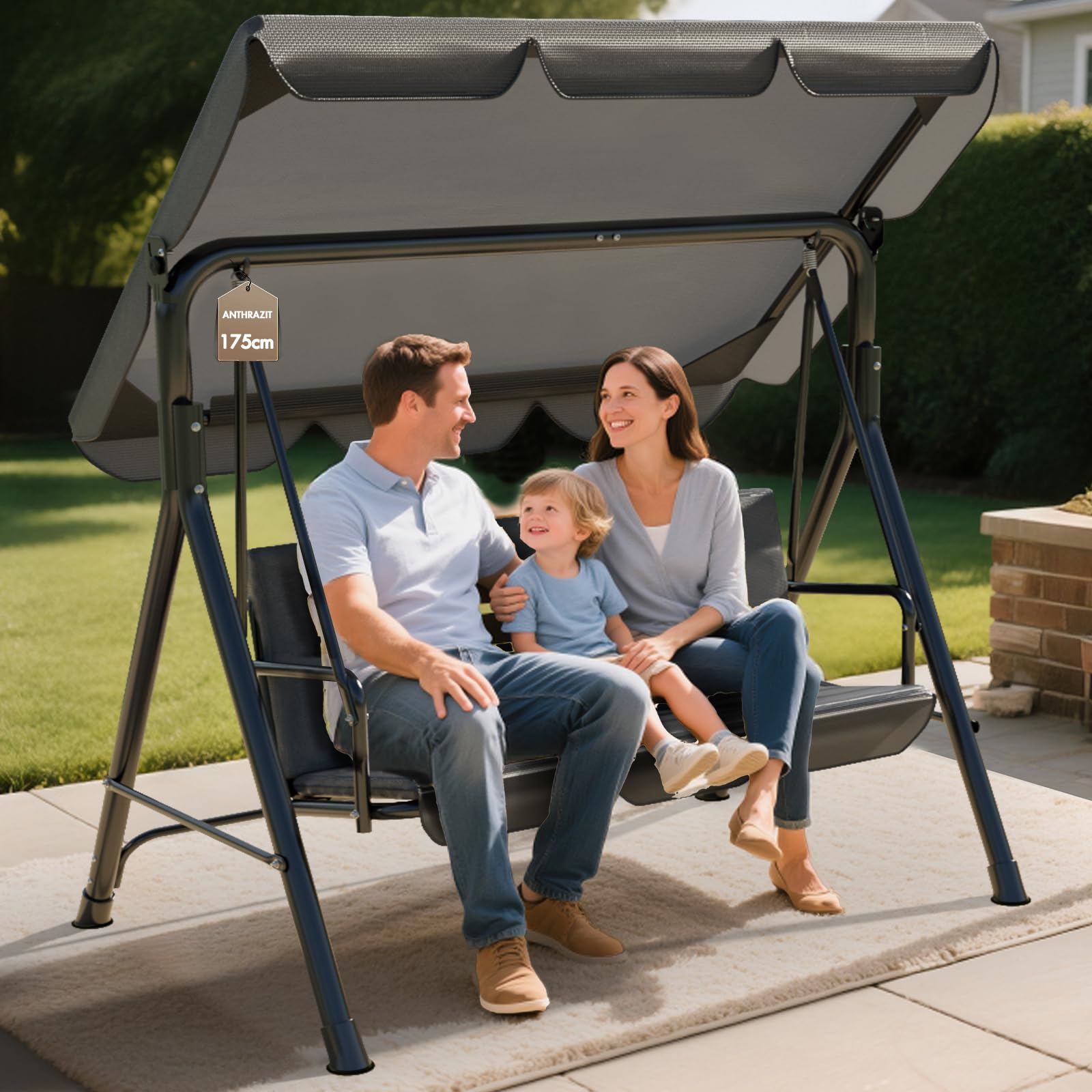Soontrans Balancelle 3 places Hollywood, moment de famille en toute légèreté, balancelle de jardin avec toit et structure en acier & assise rembourrée, capacité de charge jusqu'à 200 kg, en acier (175