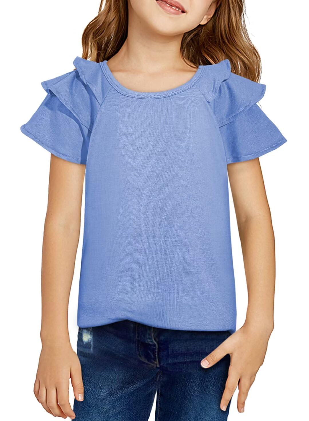 DOKOTOO KIDS Girls Ruffle Sleeve Shirts Summer Cute Crewneck Blouse Tops 6-15 Years