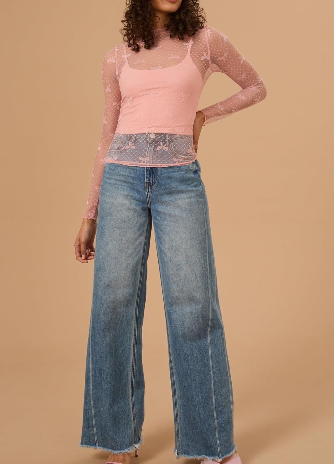 Women Lace Mesh Bow Top Long Sleeve Mock Neck See Through Shirt Polka Dot Embroidered Sheer Layering Tops - Image 3