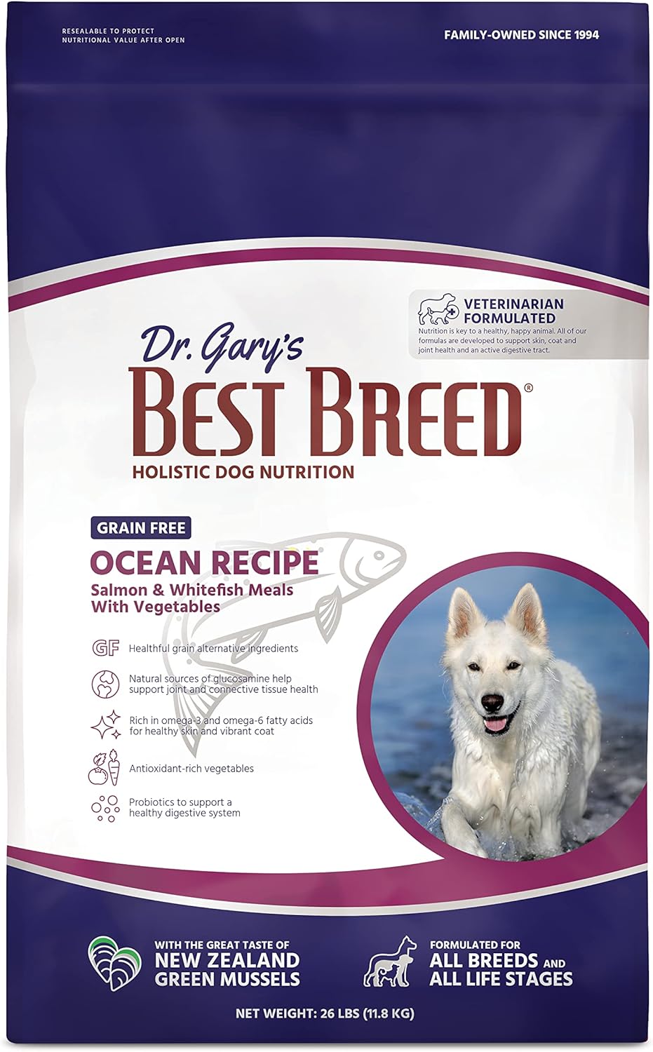 Dr. Gary's Best Breed Grain Free Ocean Recipe Slow-Cooked in USA, Natural Dry Dog Food for All Breeds and Sizes, 26lbs.