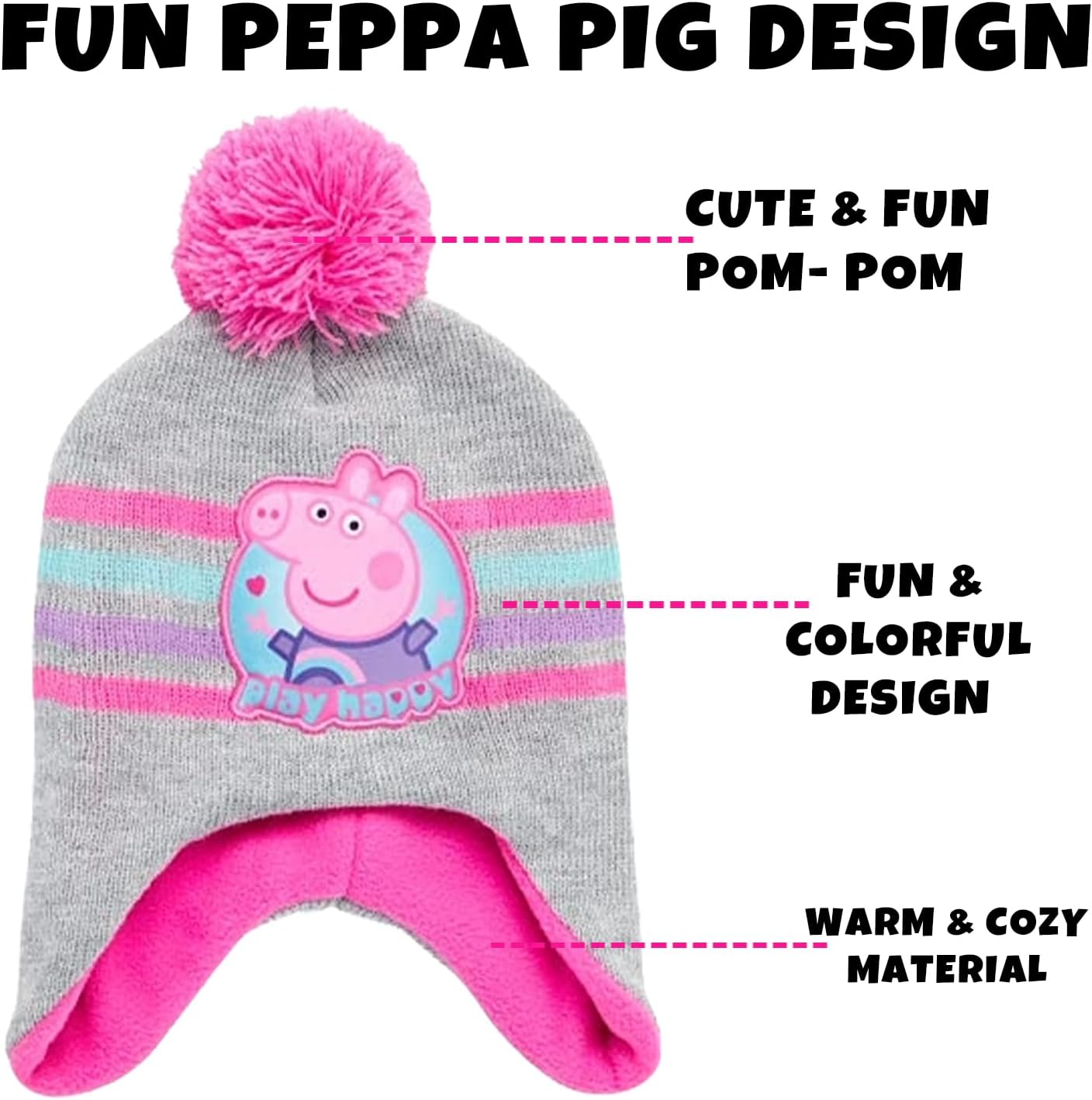 Hasbro Peppa Pig Winter Hat and 2 Pairs of Mittens (2-4), Size Age 2-4, Silver/Pink - Image 4