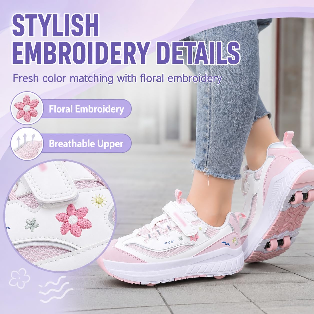 JJDFW Chaussures de patinage à roulettes 2 en 1 en maille respirante à LED pour fille avec 4 roues amovibles et broderie florale