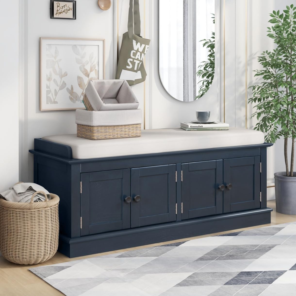 48" Farmhouse Storage Bench, Wooden Entryway Benches with 4 Doors and Adjustable Shelves, Shoe Bench with Storage and Removable Cushion, for Living Room Entryway Hallway Foyer, Antique Navy