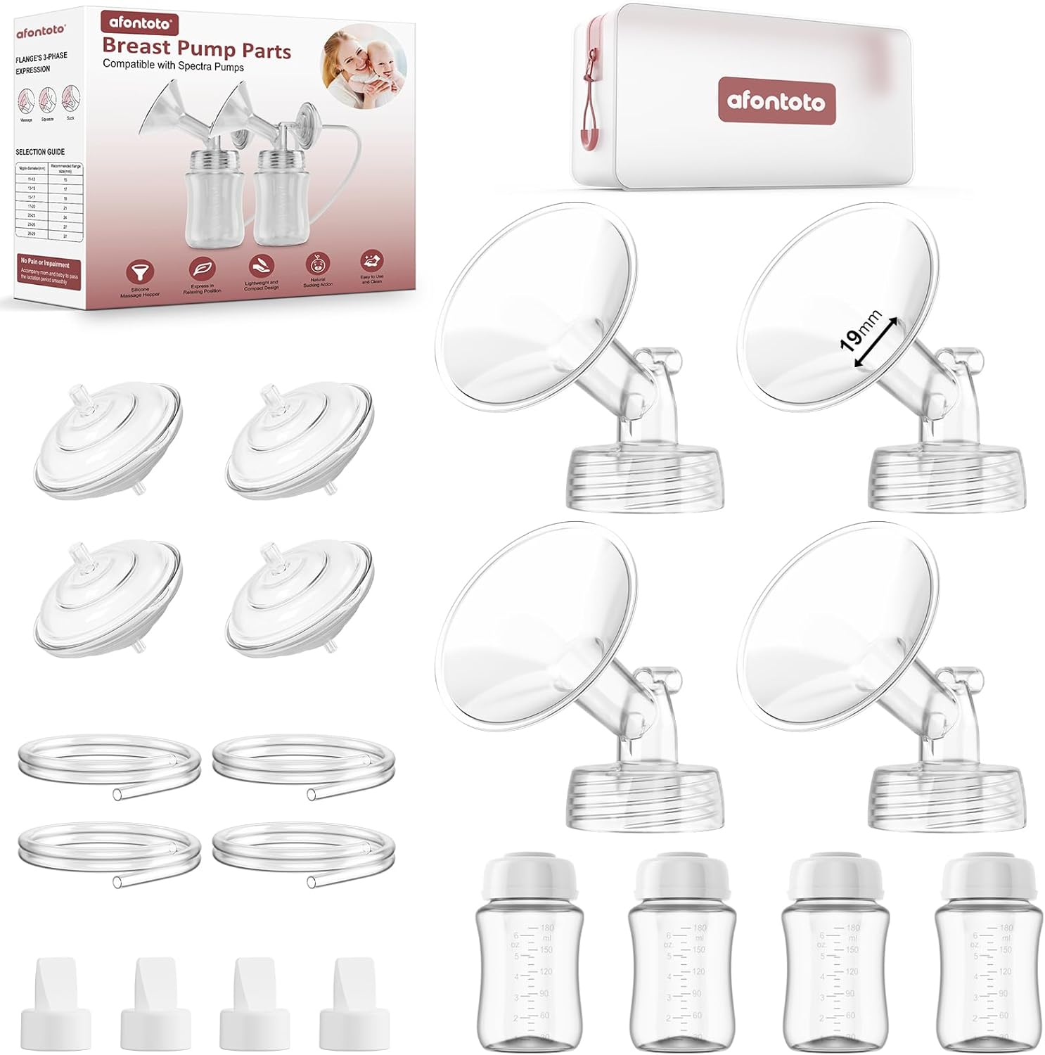 Pump Parts Compatible with Spectra S1/S2/9 Plus Breastpump, 4 Set Replacement Parts for Spectra Include 19mm Flange,Duckbill Valve,Backflow Protector,Tube,Bottle, Not Original Spectra S2 Accessories