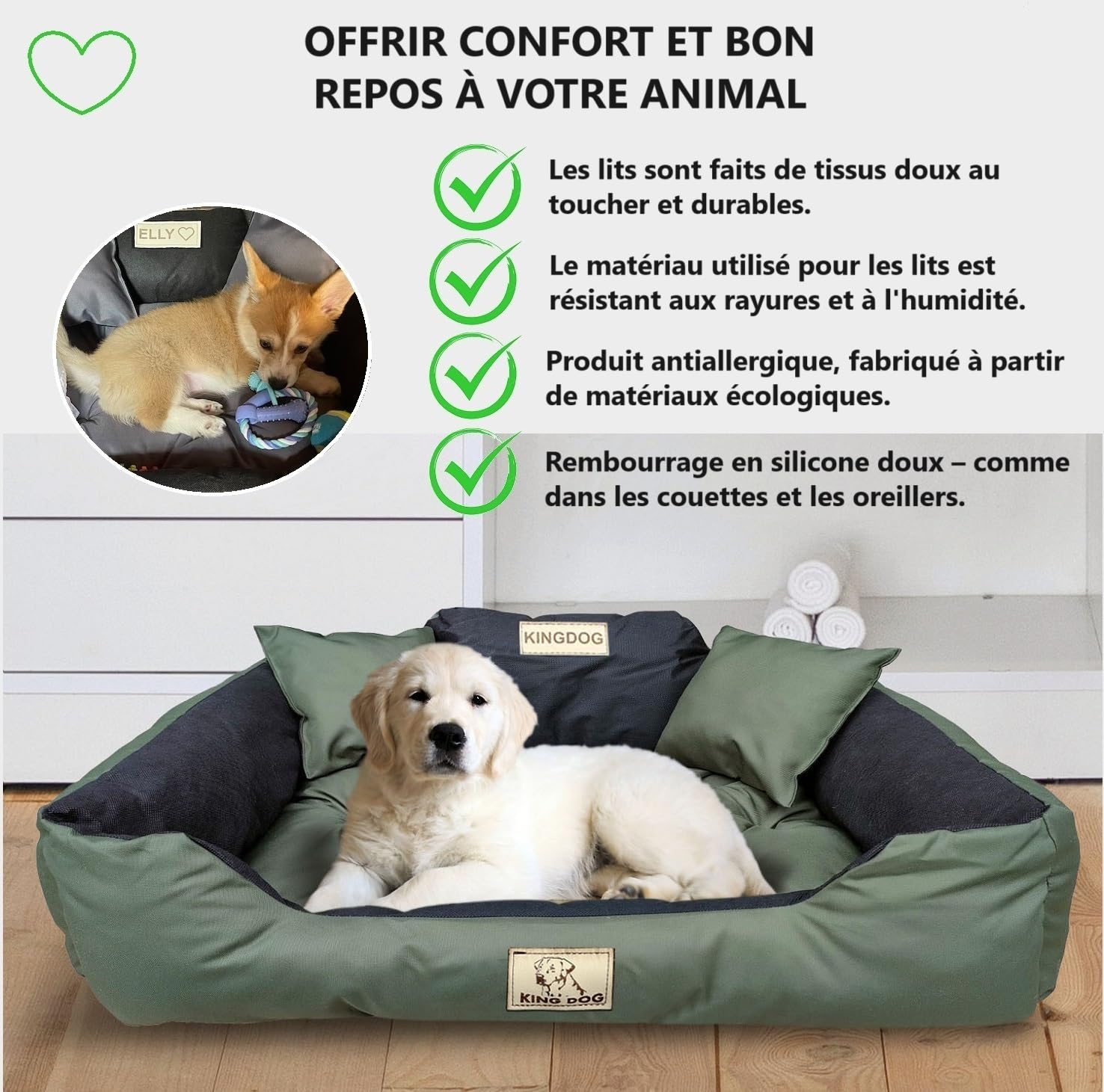 KING DOG Lit pour Grands Chiens XL 115 x 95 cm Personnalisable avec Nom Coussin Imperméable Déhoussable Lavable Canapé Confortable Moelleux Douillet Antidérapant Fabriqué en UE Couleur Vert