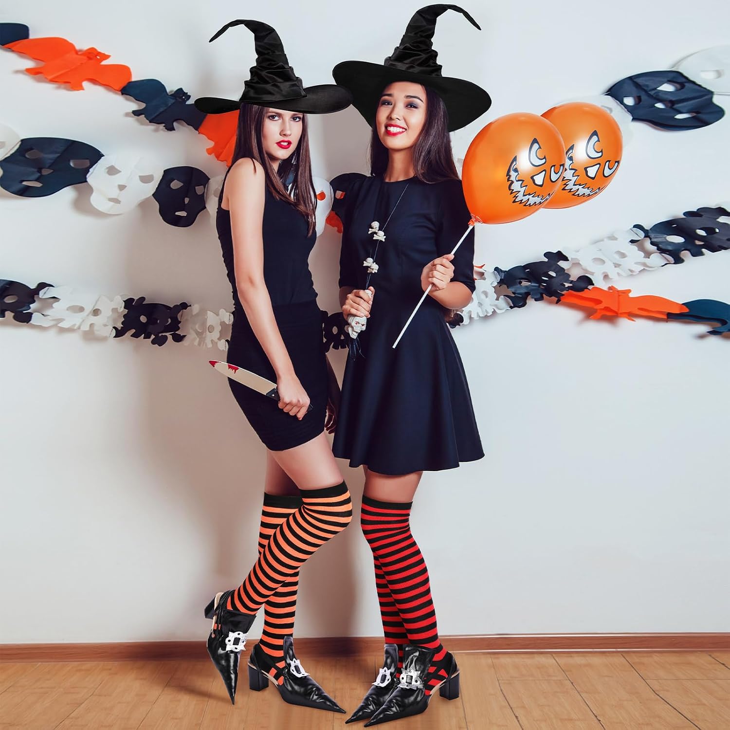 Foaincore Halloween Witch Costume Set 4 Pcs Large Ruched Hats and 4 Pairs Striped Socks 4 Pairs Black Witch Shoe Covers Women's Thigh High Stockings for Adult Women Halloween Cosplay Party
