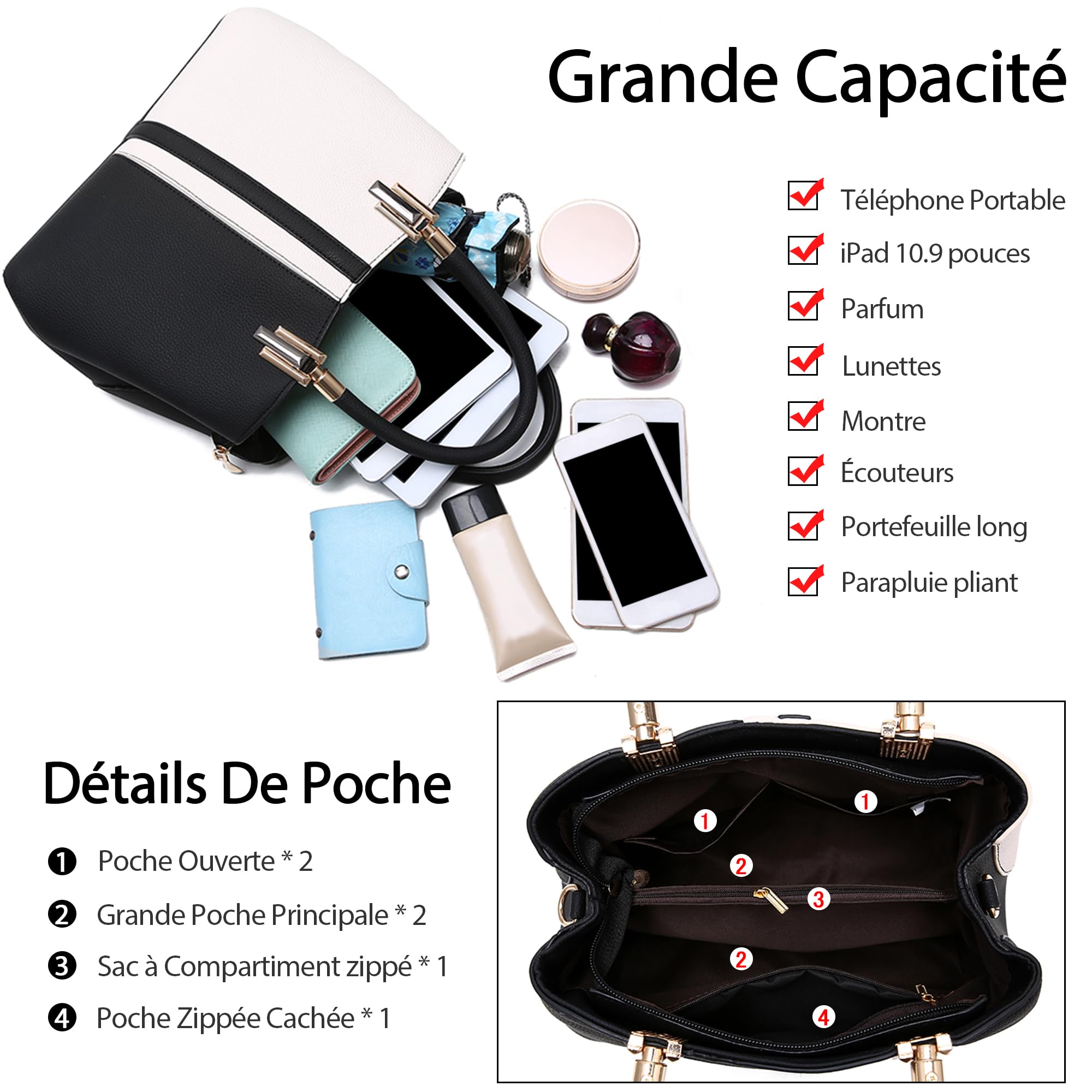 Elégant Sac à Main Femme Sac Fourre Tout Épissage Sac à Bandoulière Dames Sacs Portés Epaule PU Cuir Sac Tote Travail Achats Fête Voyage Sac de Cours Noir