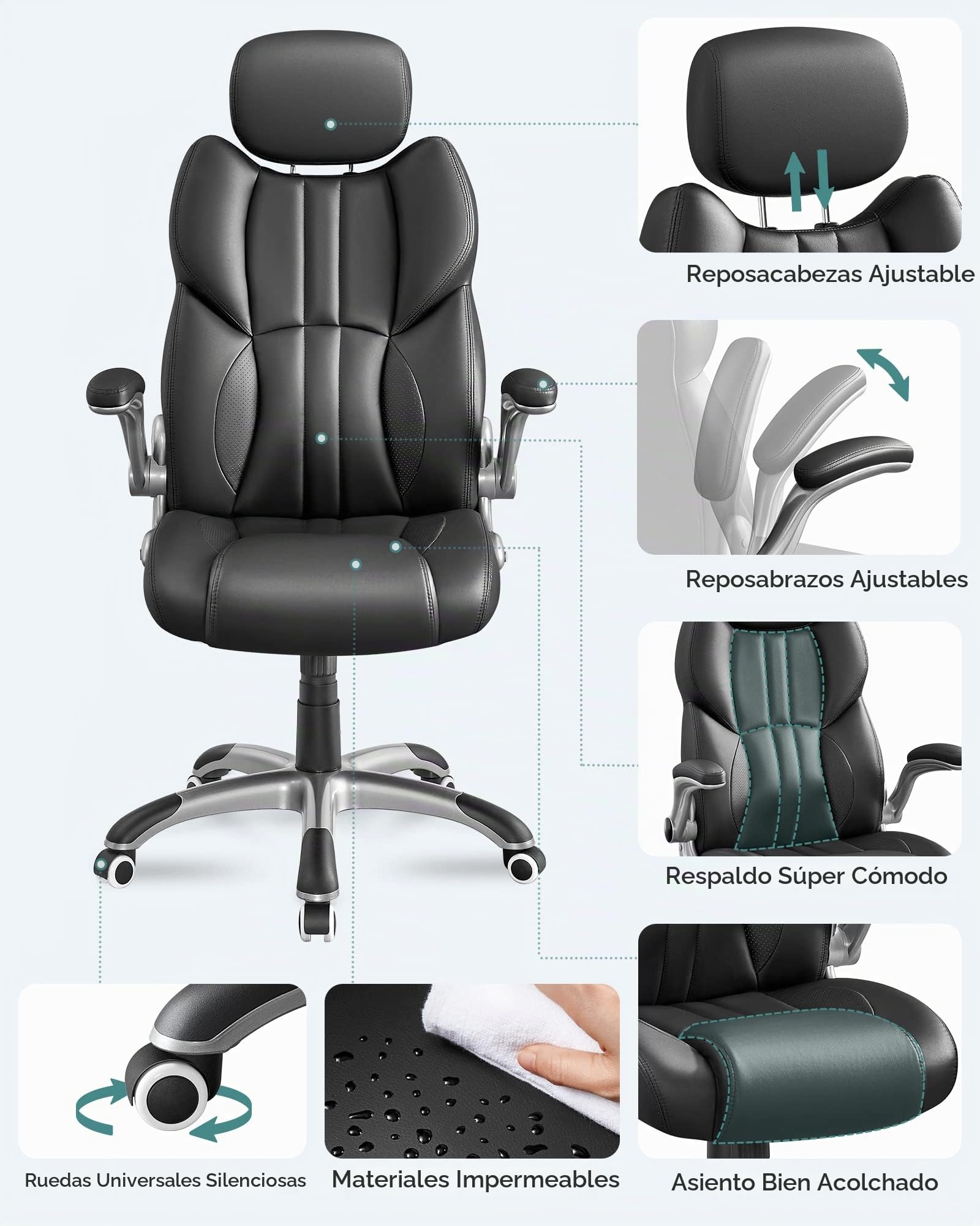 SONGMICS Silla de Oficina, Silla Gaming Ergonómica, Mecanismo de Inclinación, Apoyabrazos Plegables, Ruedas Universales, Altura Ajustable, Silla Racing, Negro Tinta OBG65BK