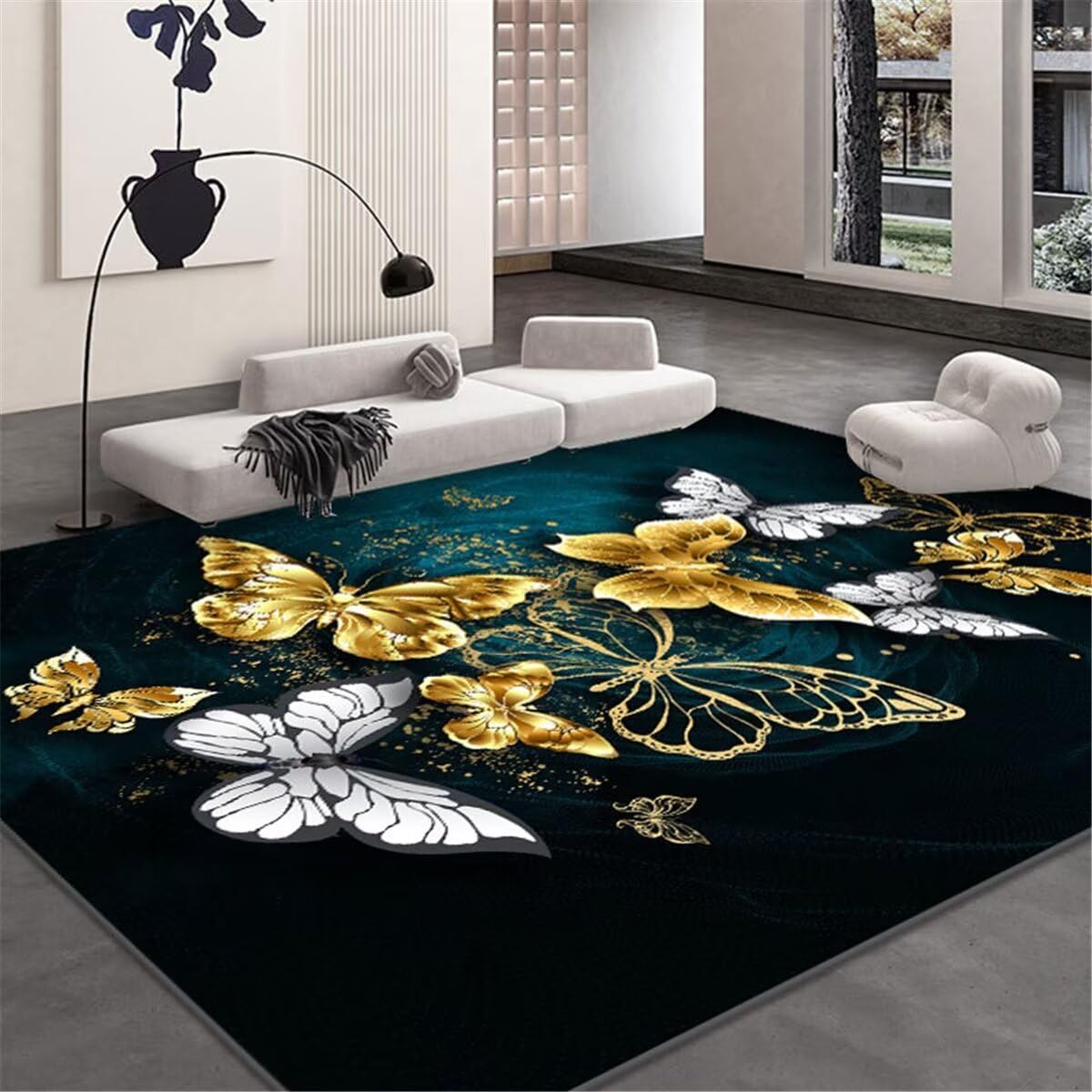 Tapis de salon vert 120X170 pour raviver une déco terne avec son imprimé papillon