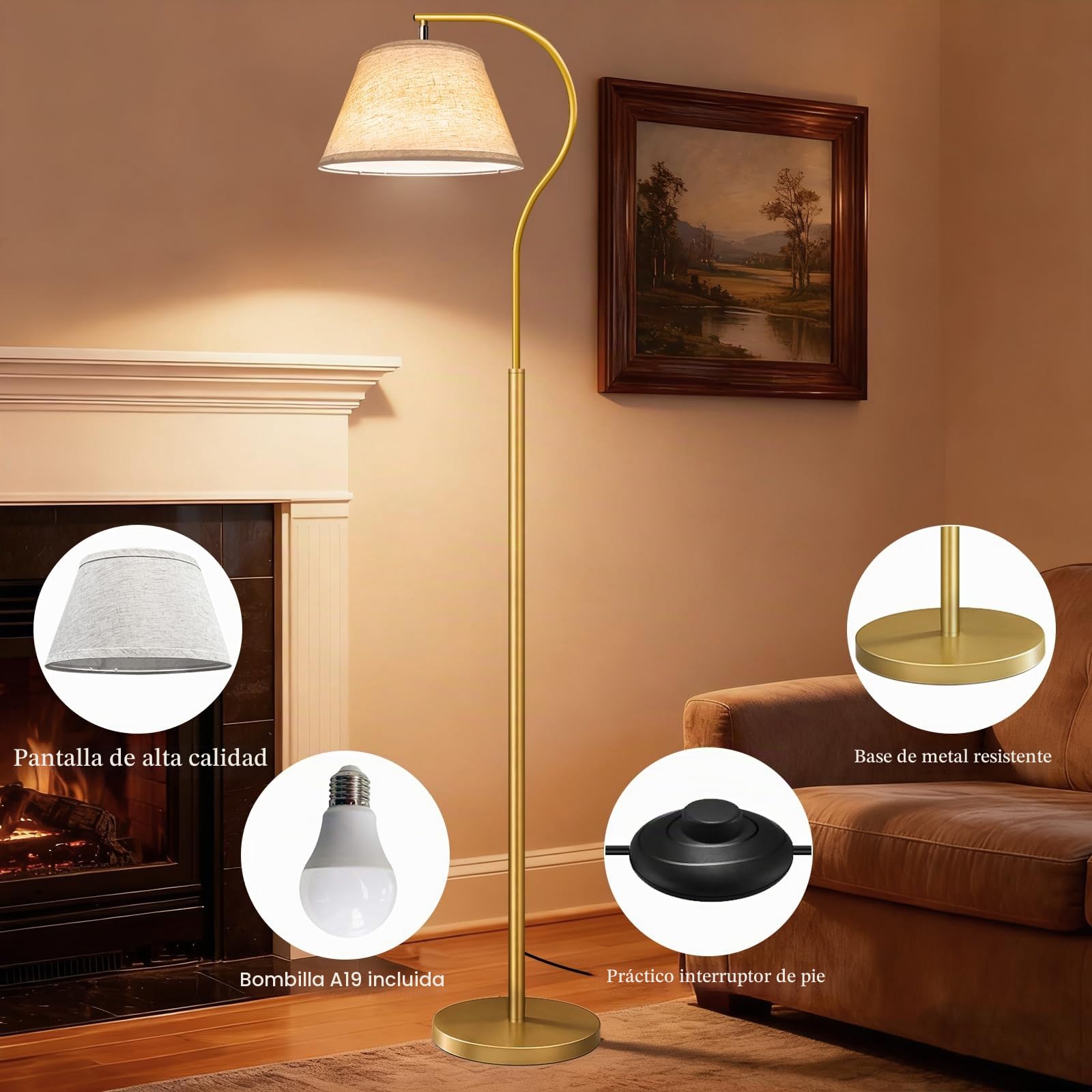 BBHome Lámpara de Pie para Salon, Lámpara de Arco con Pantalla e Interruptor de pie, Lampara pie Moderna con Bombilla LED de 9W, Lampara Salon E27 de 170 cm para salón, dormitorio (Dorado)