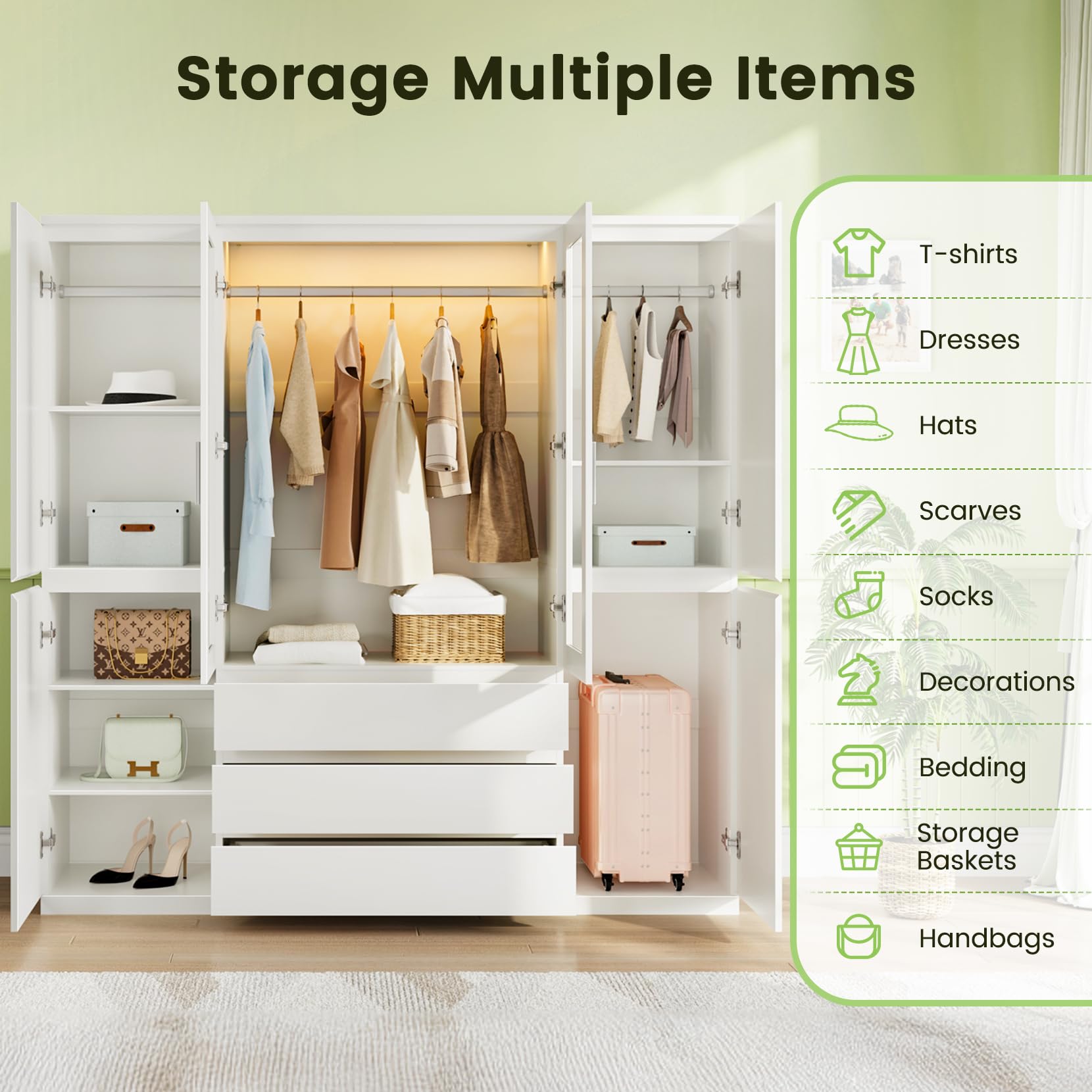 Dripex Sechs Tore Kleiderschrank, 160x48x180cm, 3 Schubladen Wardrobe Closet Weiß