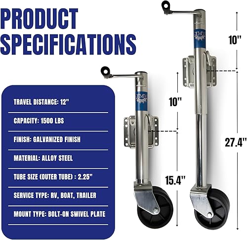 Miniatura 2 de Jeremywell Jack giratorio de remolque doble rueda de 6 pulgadas de capacidad de 1500 libras de respaldo oscilante barco RV utilitario