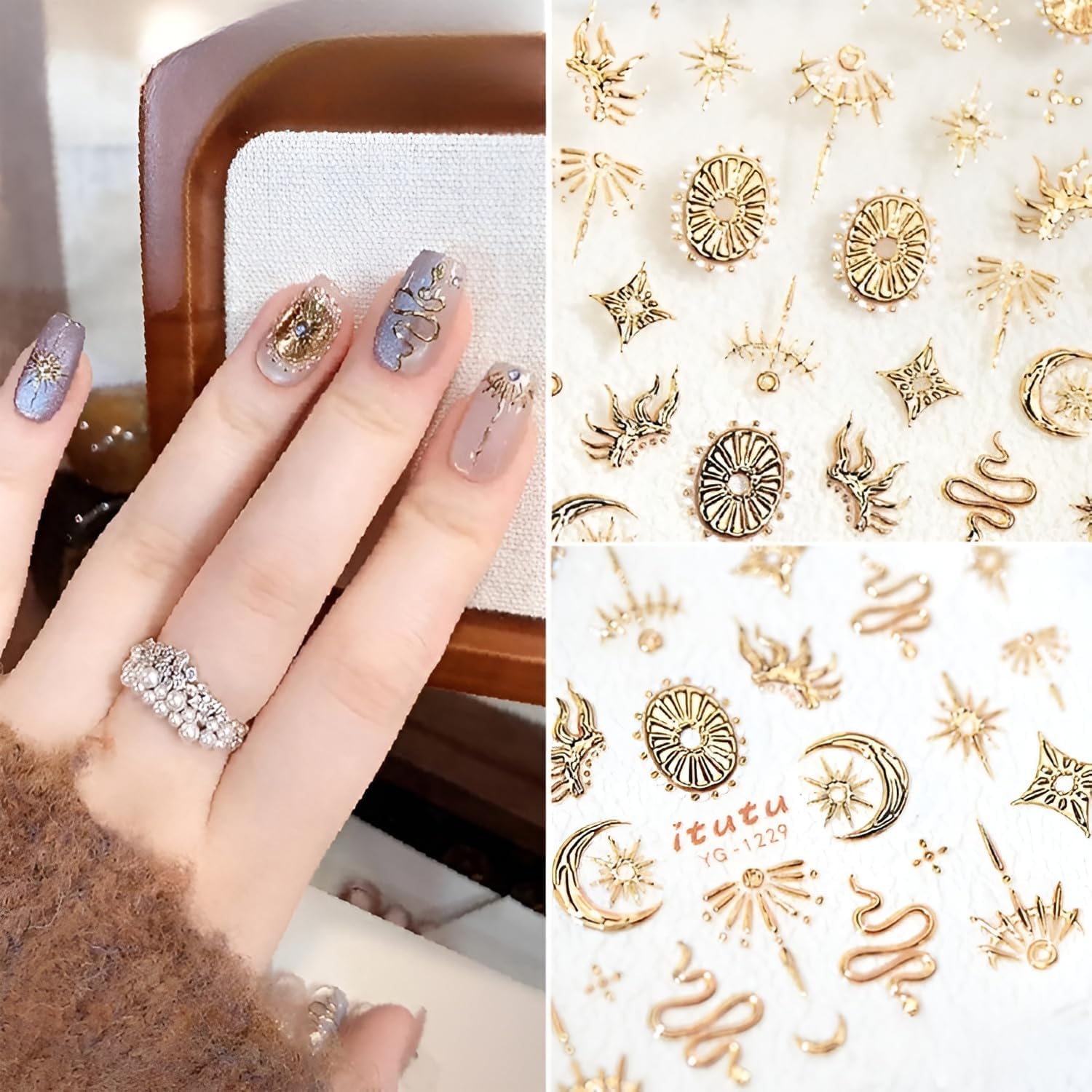 5D Embossed Gold Nail Art Stickers Star Nail Stickers for Nail Art Moon Star Nail Decals Snake Nail Design Gold Nails Supplies for Women Girls DIY Nails Decoration Accessories
