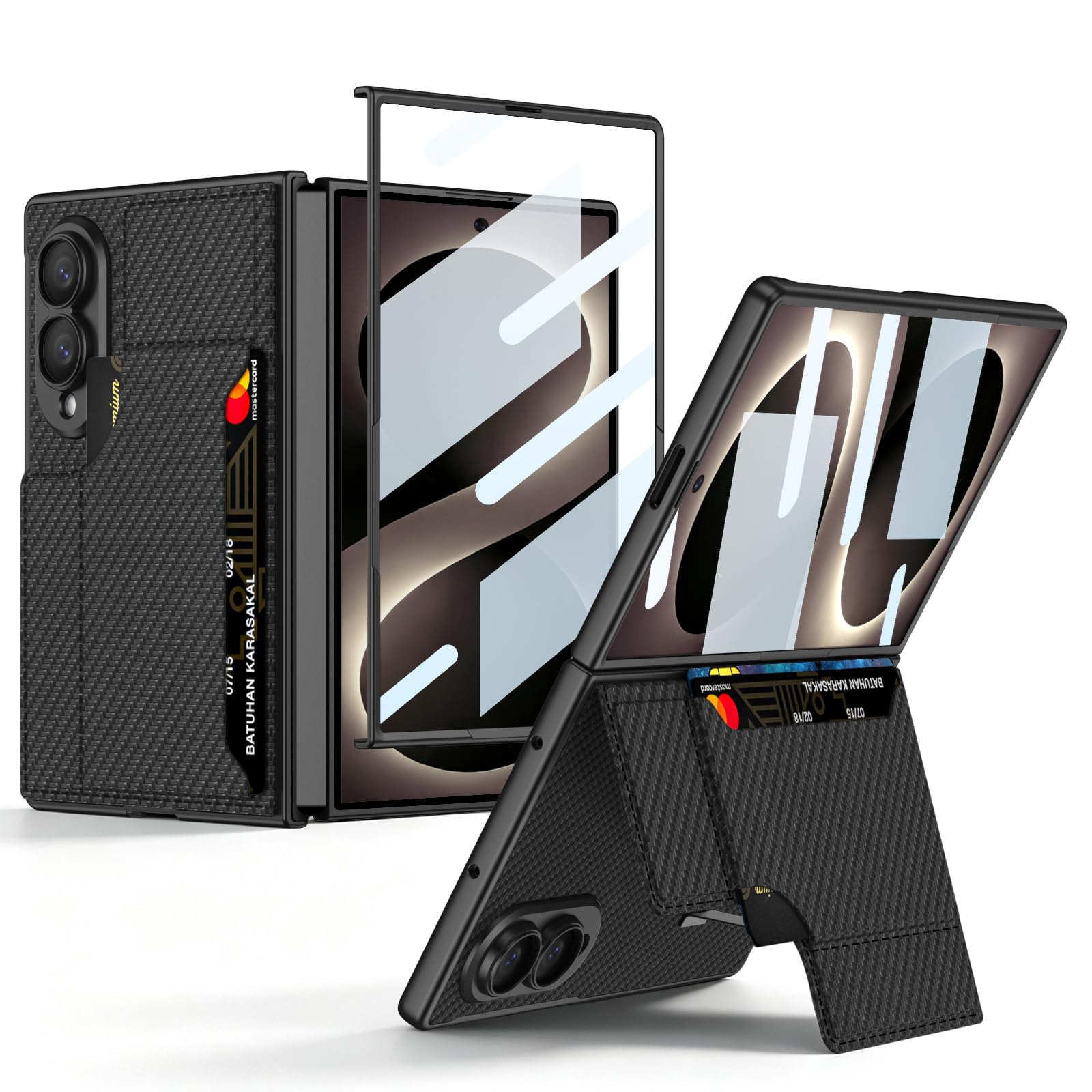 スマホ携帯ケース【Galaxy Z Fold8対応】カード収納 スタンド機能 強化ガラスフィルム一体型 外側画面保護 ワイヤレス充電対応 カメラ保護 耐衝撃 軽量薄型 PUレザー調 指紋防止 折りたたみ対応 可愛い 面白い 人気 滑り防止 複合構造 おしゃれ Beautycatcher - 炭素繊維黒