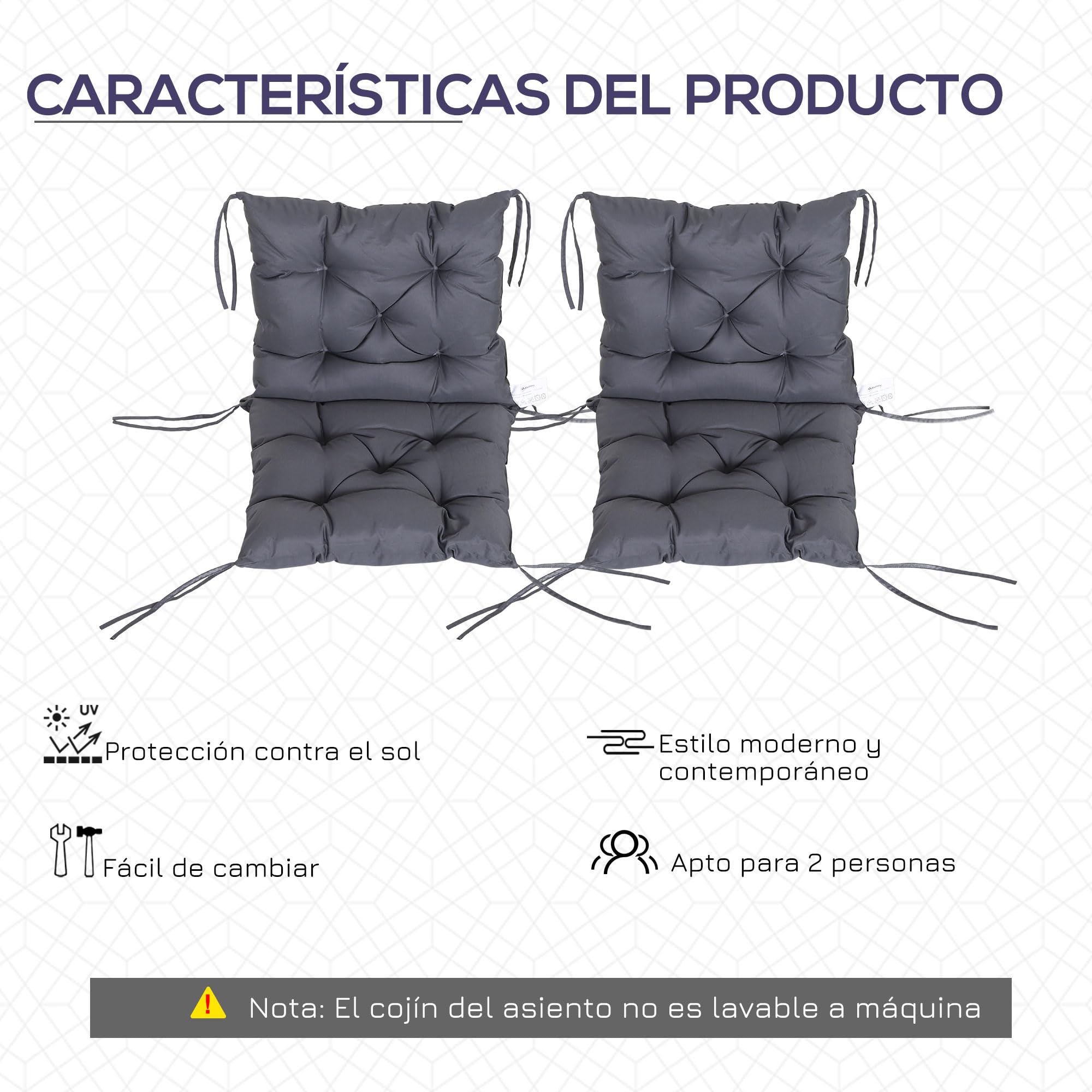 Outsunny Conjunto de 2 Cojines para Silla Terraza 98x50x8 cm Gris Oscuro | Colchones de Banco con Respaldo, 6 Cordones de Fijación, para Jardín Terraza Balcón