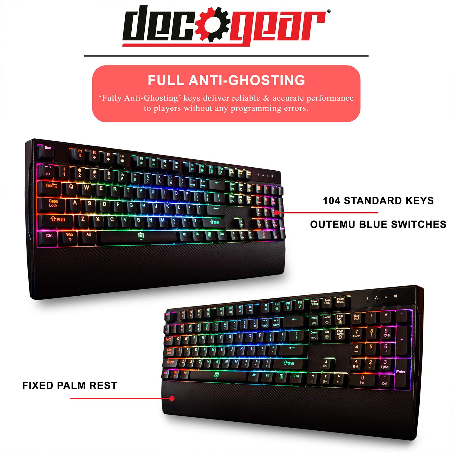 Deco Gear Mechaniczna klawiatura do gier | anty-ghosting | ergonomiczna stała podpórka pod nadgarstki | pełne konfigurowalne podświetlenie RGB | konstrukcja z włókna węglowego | niebieski przełącznik Outemu | przewodowa | czarna