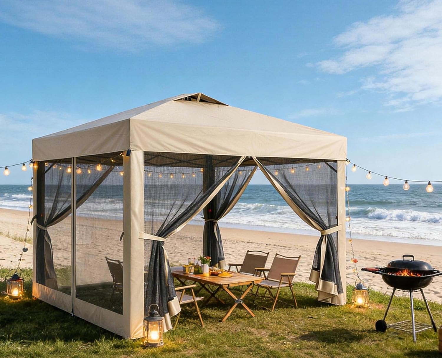 10x10 Pop Up Canopy Tent with Netting,Outdoor Portable Instant Folding Gazebo with 4 Ropes,4 Sandbags and Wheeled Storage Bag,3 Height Positions,Canopy for Patio,Yard,Camping (Khaki)