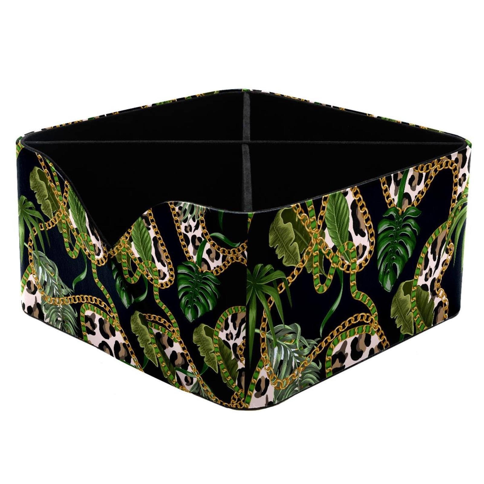 KengjuTesu Chains and Tropical Palm Leaves Leopard Pattern Desktop Organizer Pen Holder, Rectangular Pencil Cup for Office, Study and Makeup Stations
