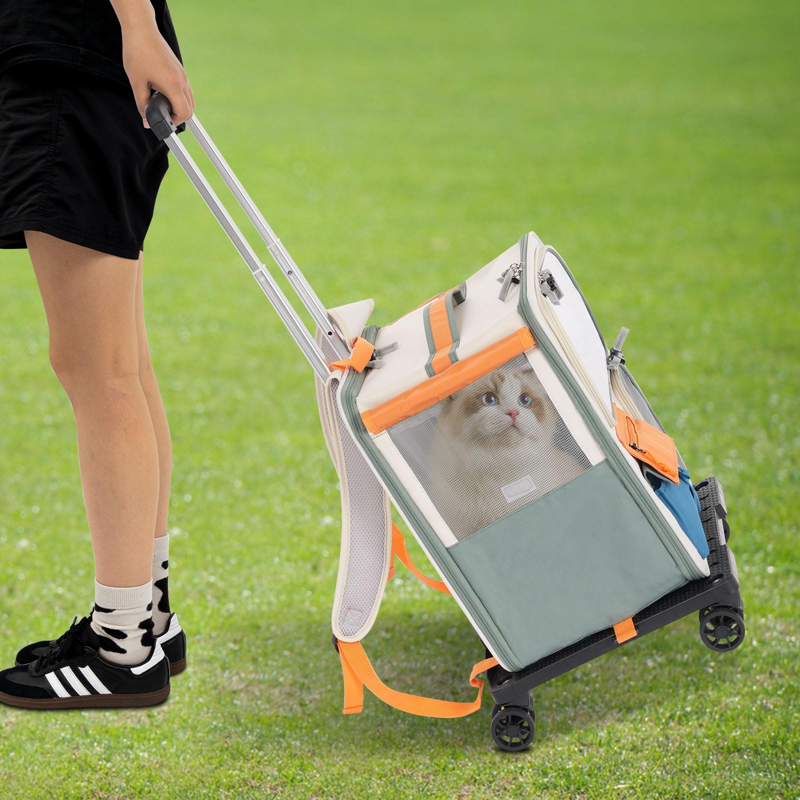 Bolsa de transporte para gatos con ruedas, extra grande, plegable, para gatos y perros de hasta 25 kg, mochila 2 en 1 y bolsa de viaje para mascotas con carrito para viajes, camping, paseos