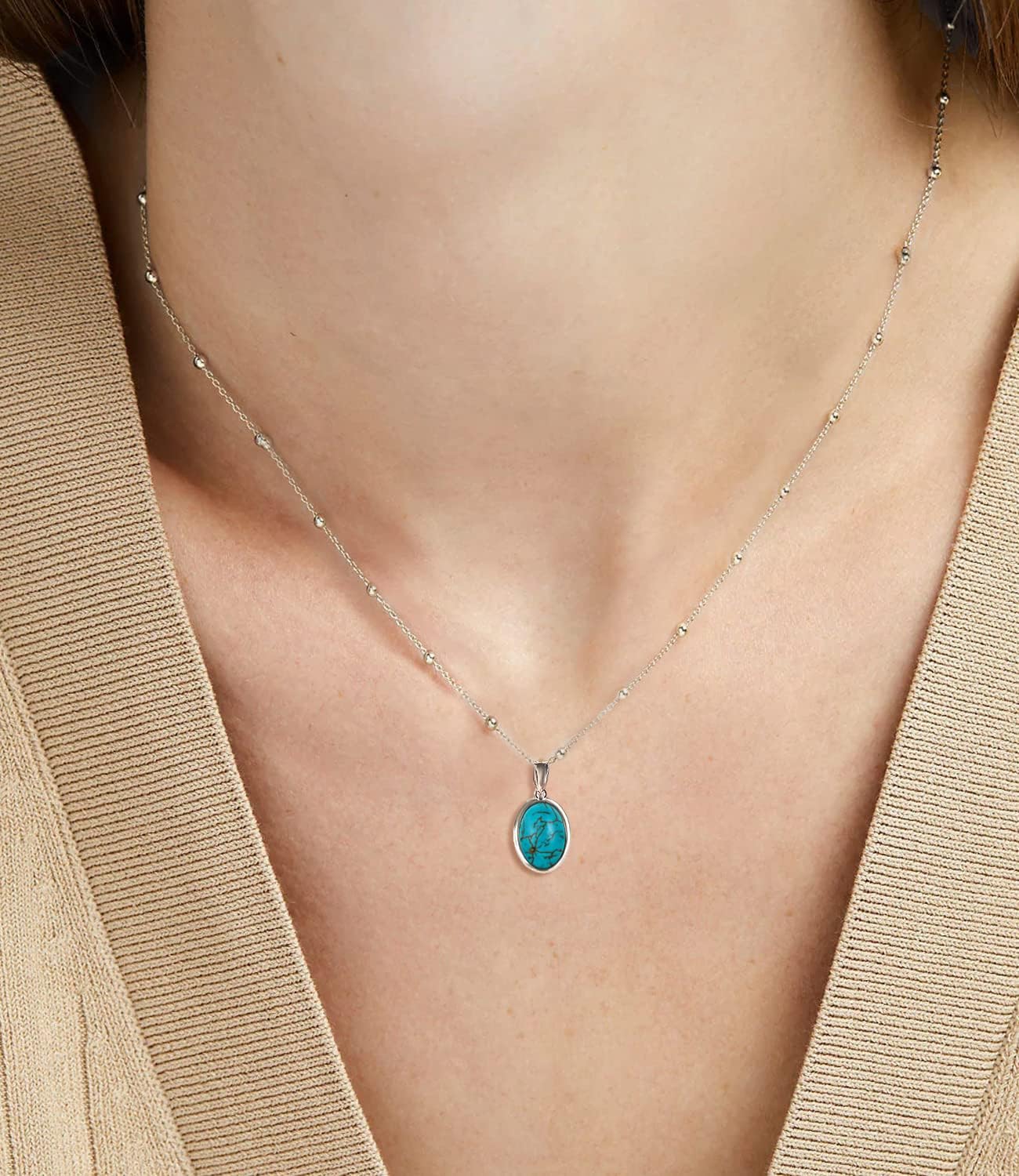 Real Turquoise Necklaces for Women 925 Sterling Silver Oval Genuine Gemstone Pendant Jewelry for Mom Wife Her 18K White Yellow Gold Plated - Image 2