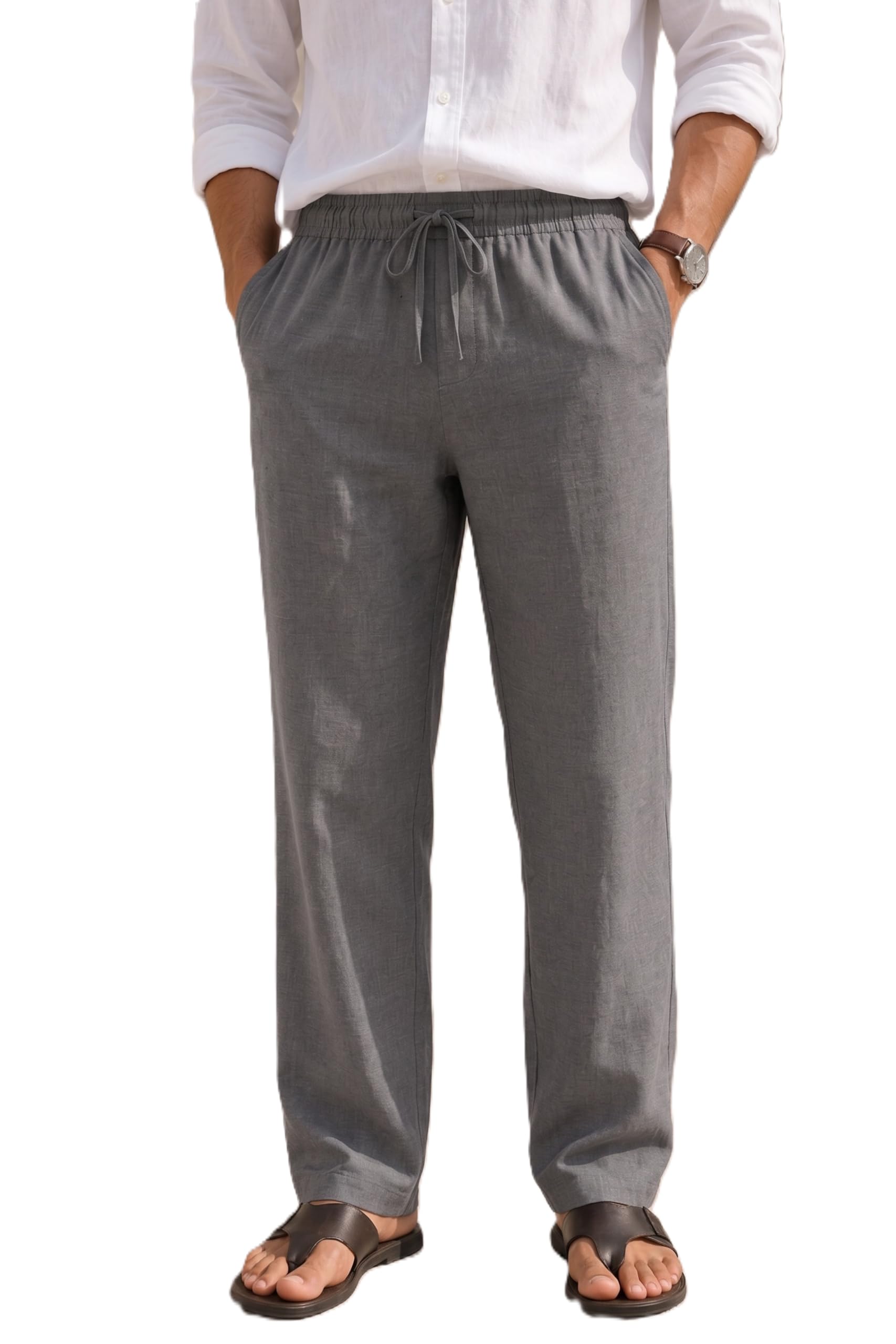 Premium Linen Blend Relaxed Fit Men Pant | Loose Fit Casual Drawstring Trousers | Elastic Waist | Breathable Summer Lounge Beach Travel Pants with Pockets Gray-picture-52