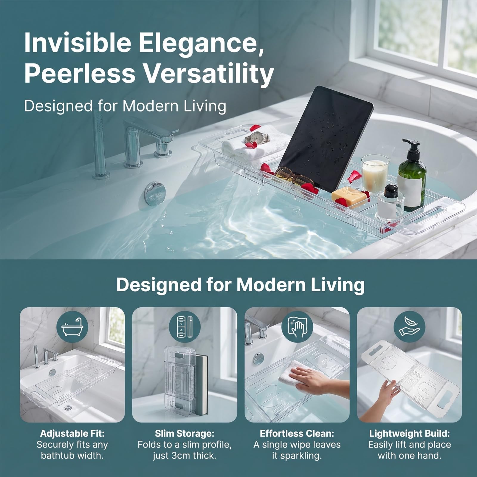 Estante Extensible para bañera: Bandeja Ajustable para bañera, Ideal para el baño, con Capacidad para Vasos, jabones, Juguetes y Otros artículos de baño. Cuenta con una Superficie