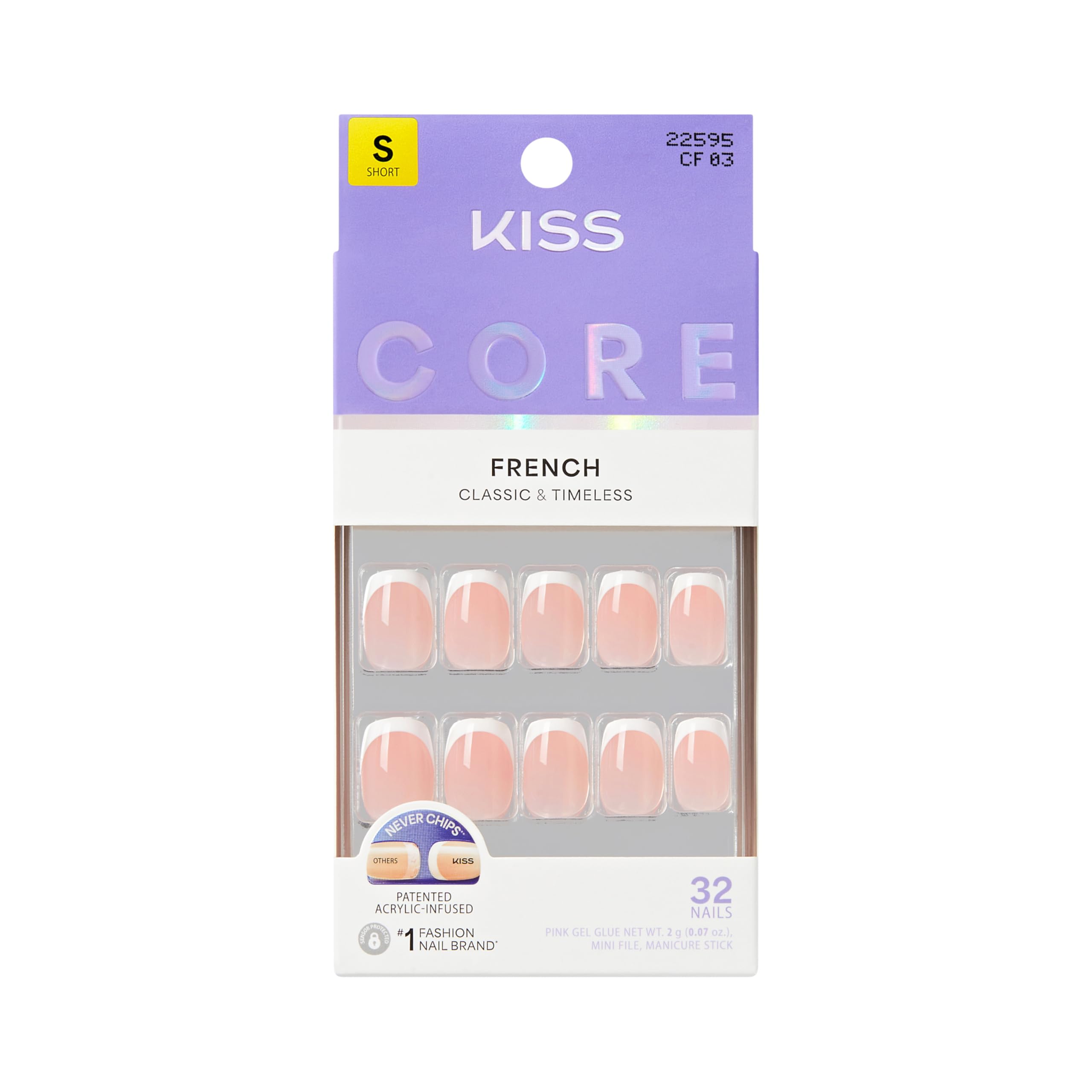 KISS CORE French Tip Press On Nails, ‘Snapshot’, White, Short Squoval, Includes 32 Nails, 2g Glue,1 Manicure Stick,1 Mini File