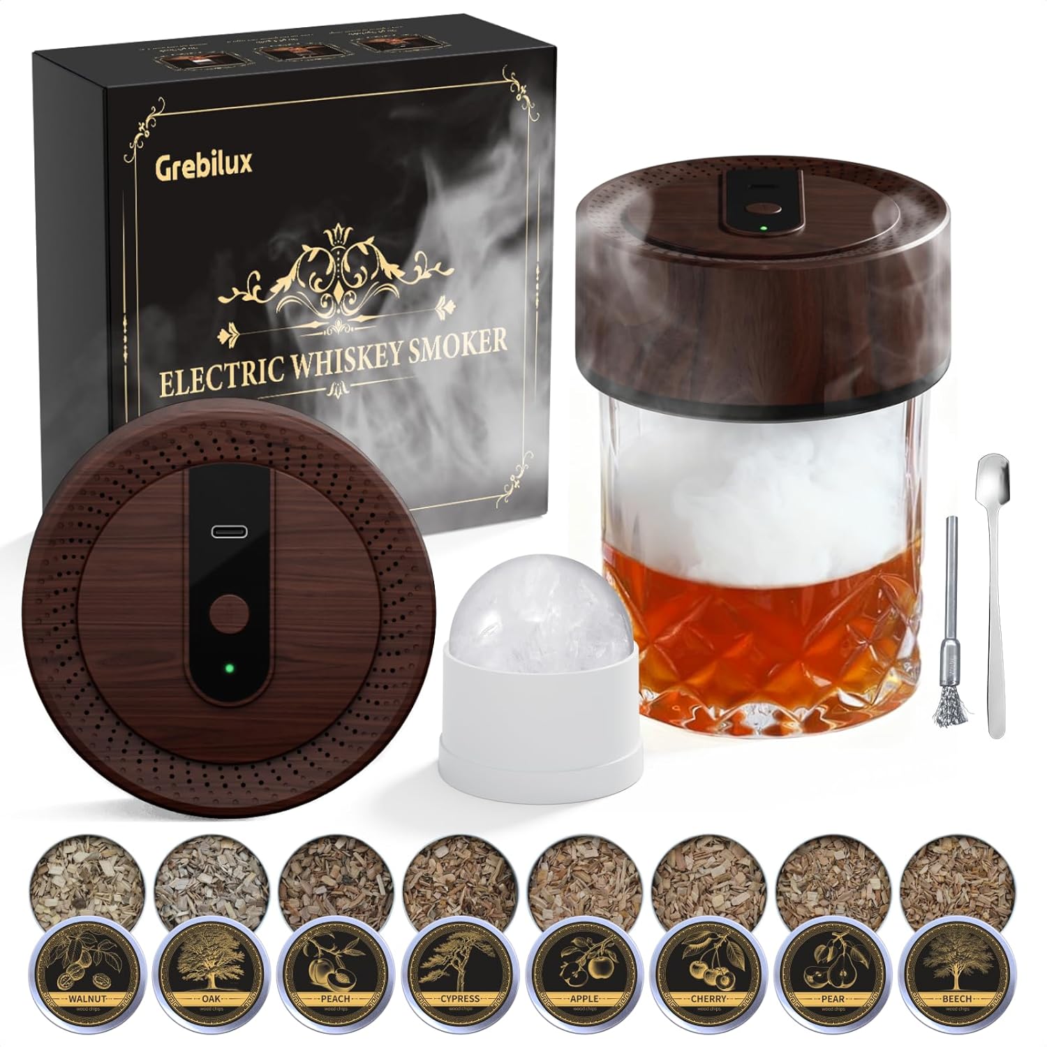 Vintage Electric Whiskey Smoker Kit with 8 Wood Chip Flavors  Rechargeable Whiskey Smoker with Built-in Ignition, Fuel-Free  For Men, Dad, Husband on Special Occasions  Wood Grain Design