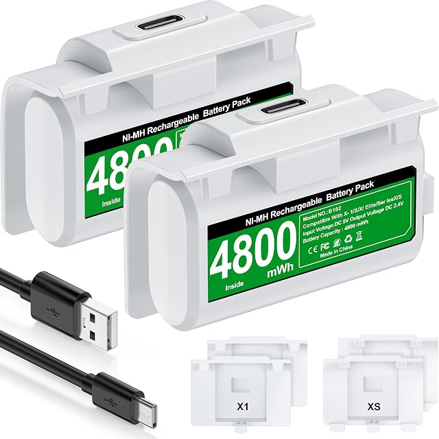 Xbox Battery Pack Rechargeable with 4 Back Covers and a USB C Charging Cable, 2X 4800mWh Xbox Controller Battery Play and Charger kit for Xbox One and Xbox Series X/S-White