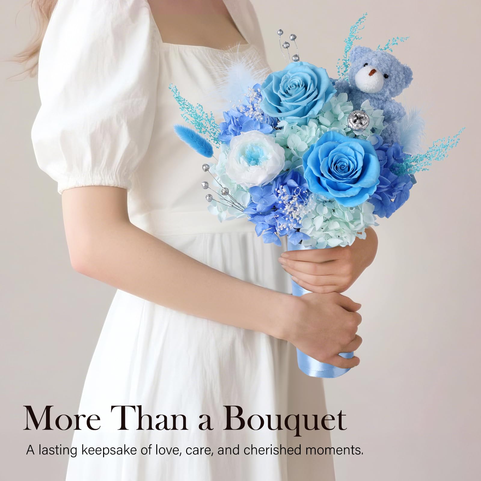 Bouquet di fiori stabilizzati con orsetto, 3 rose eterne vere, bouquet di rose blu a lunga durata, regalo per anniversario e compleanno, San Valentino per lei, per donna, ragazza, fidanzata
