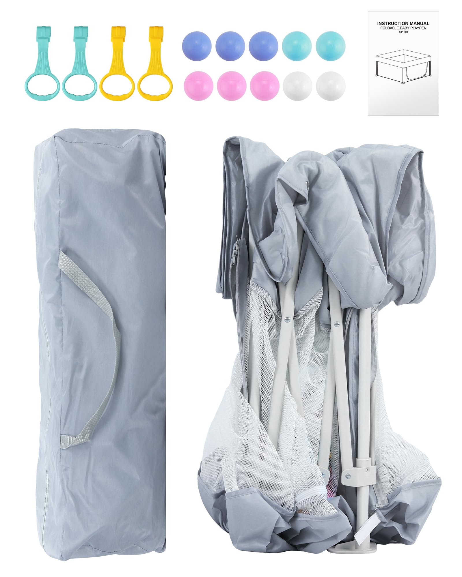 eSynic Parc Bébé 120x120cm avec 10 Boules et 4 Poignées Parc Bebe Pliable pas de Montage Enceinte Modulaire Pliable Porte avec Fermeture Éclair Éxtérieure avec Sac de Voyage Portable - Gris