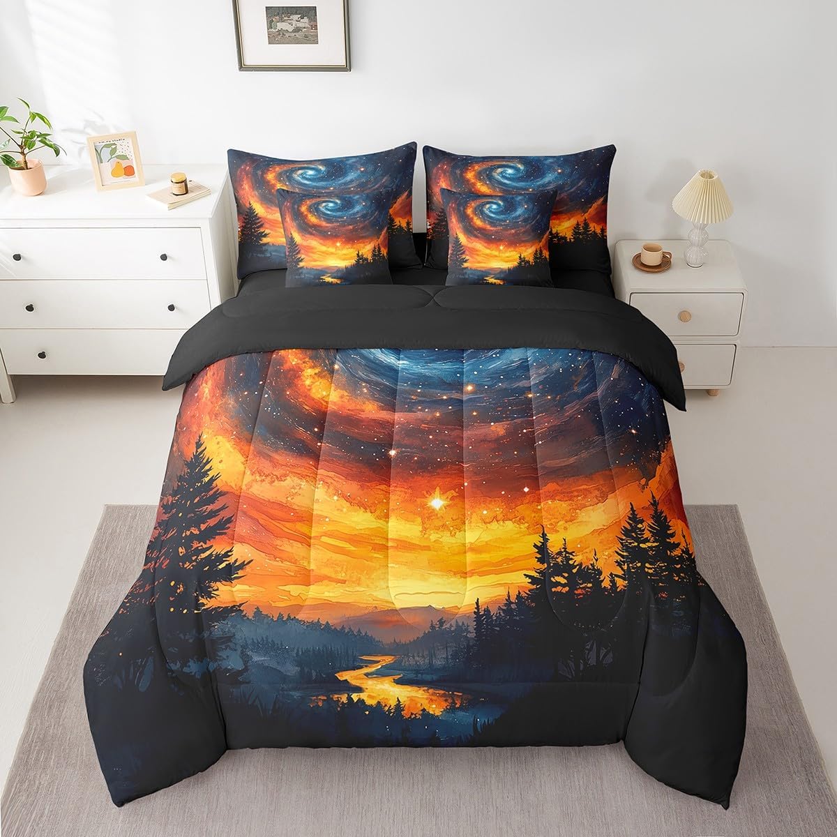 Erosebridal 7 Piece Orange Blue Galaxy Queen Comforter Set with Sheets,Universe Outer Space Bedding Set for Boys Girls Kids Room Decor,Forest Pine Tree Mountain Bed Set with Pillowcases