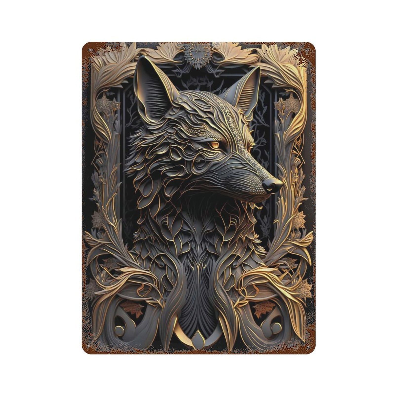 Aged Metal Wall Plaque with Throne Of Wolf Portrait Design 15.7"x11.8", for Shed, Workshop And Garage Wall Decor, Decorative Metal Wall Art