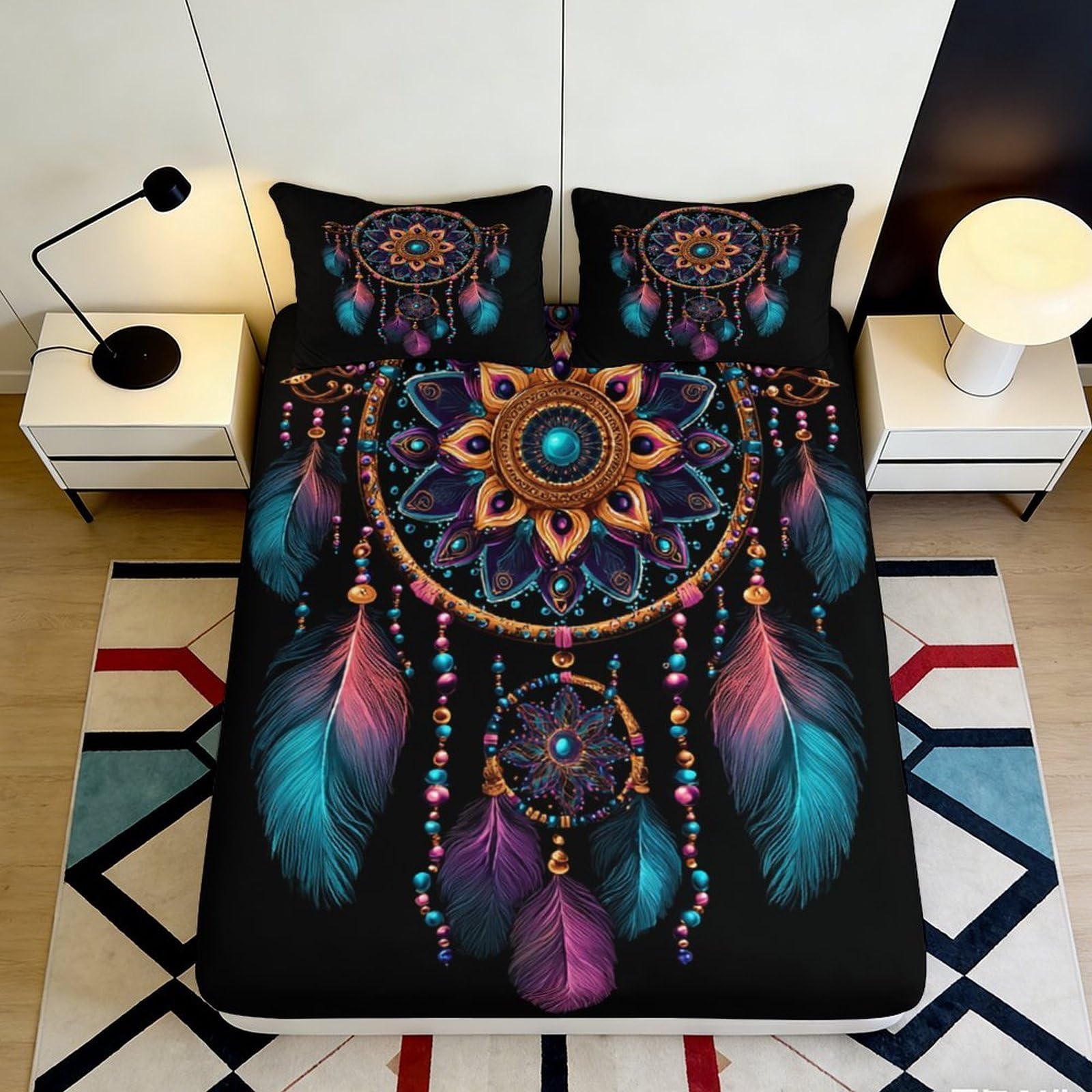 3D Printed Dreamcatcher Fitted Sheet Microfiber Soft Breathable Feather Bed Cover for Bedroom Dormitory Guest Room Mattress Protection Decor 180x200x25cm