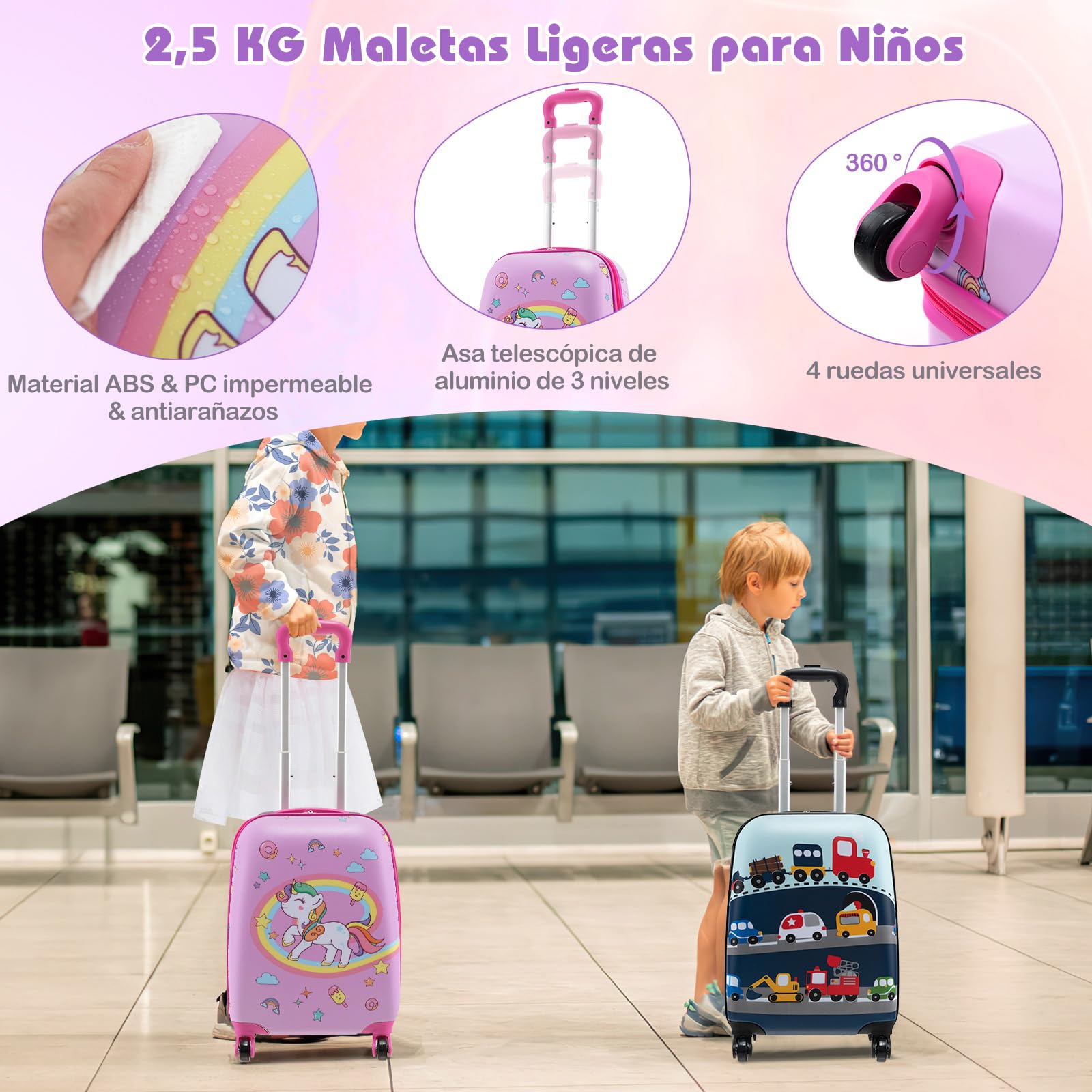 COSTWAY Maleta Cabina Niños de 5 Piezas, Maleta de Viaje Infantil con Mochila, Almohada para Cuello, Etiqueta de Equipaje, Bolsa de Almuerzo, Maleta niña con Ruedas Universales (Unicornio)