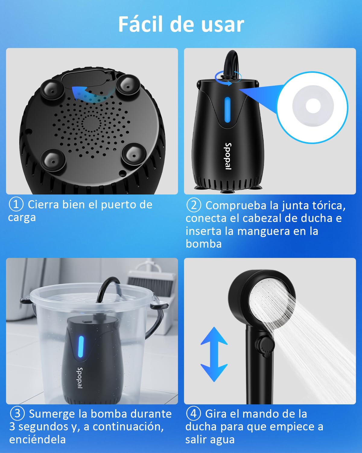 Spopal Ducha Portátil Camping, [8000mAh Batería] [Luz Nocturna] Recargable Ducha Camper, Pantalla Led Inteligente, IPX8 Impermeabilización, 5 Velocidades, para Camping, Viajes, Mascota Limpia