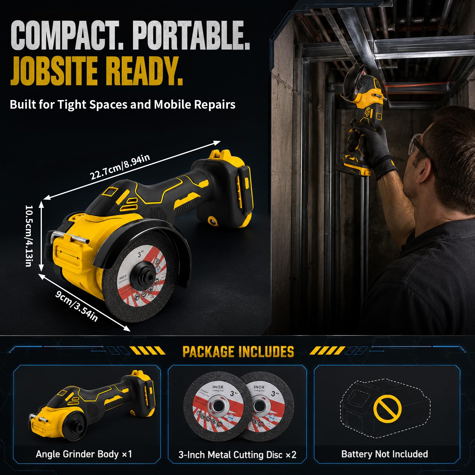 Amoladora angular inalámbrica compatible con amoladora angular Dewalt 18 V 20 V – 20000 rpm, sin escobillas, amoladora angular con luz LED y 2 discos de corte, 7,5 cm, herramienta de lijado