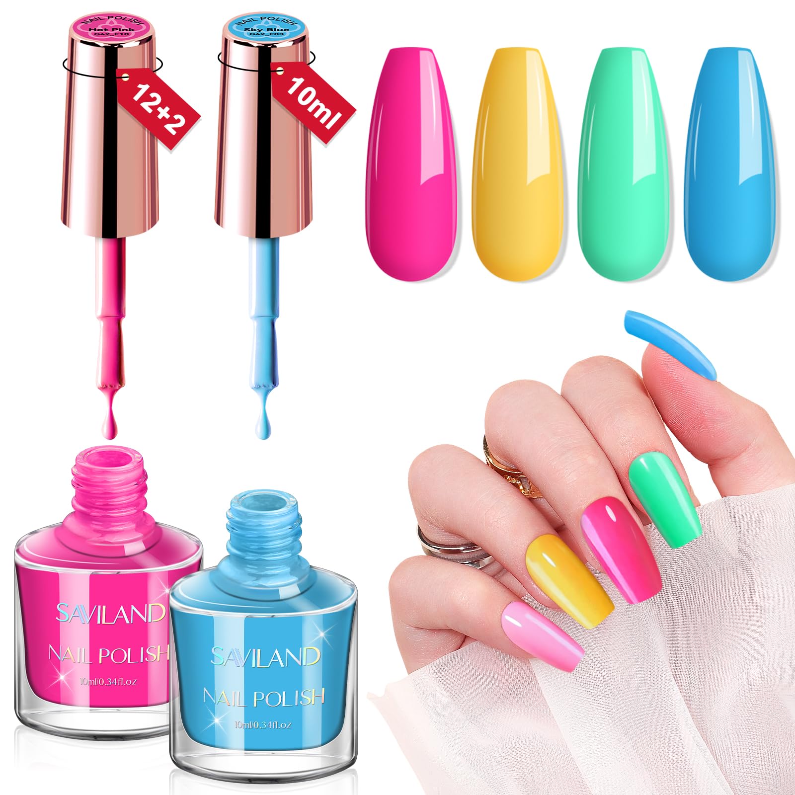 SAVILAND 20 Colour Neon Nail Polish Set, Quick Dry & Long Lasting Summer Nail Polish Super Shine Rainbow Nail Varnish with Base Gloss Top Polish Coat Regular Glitter Nail Polish Kit for Women Gift Set