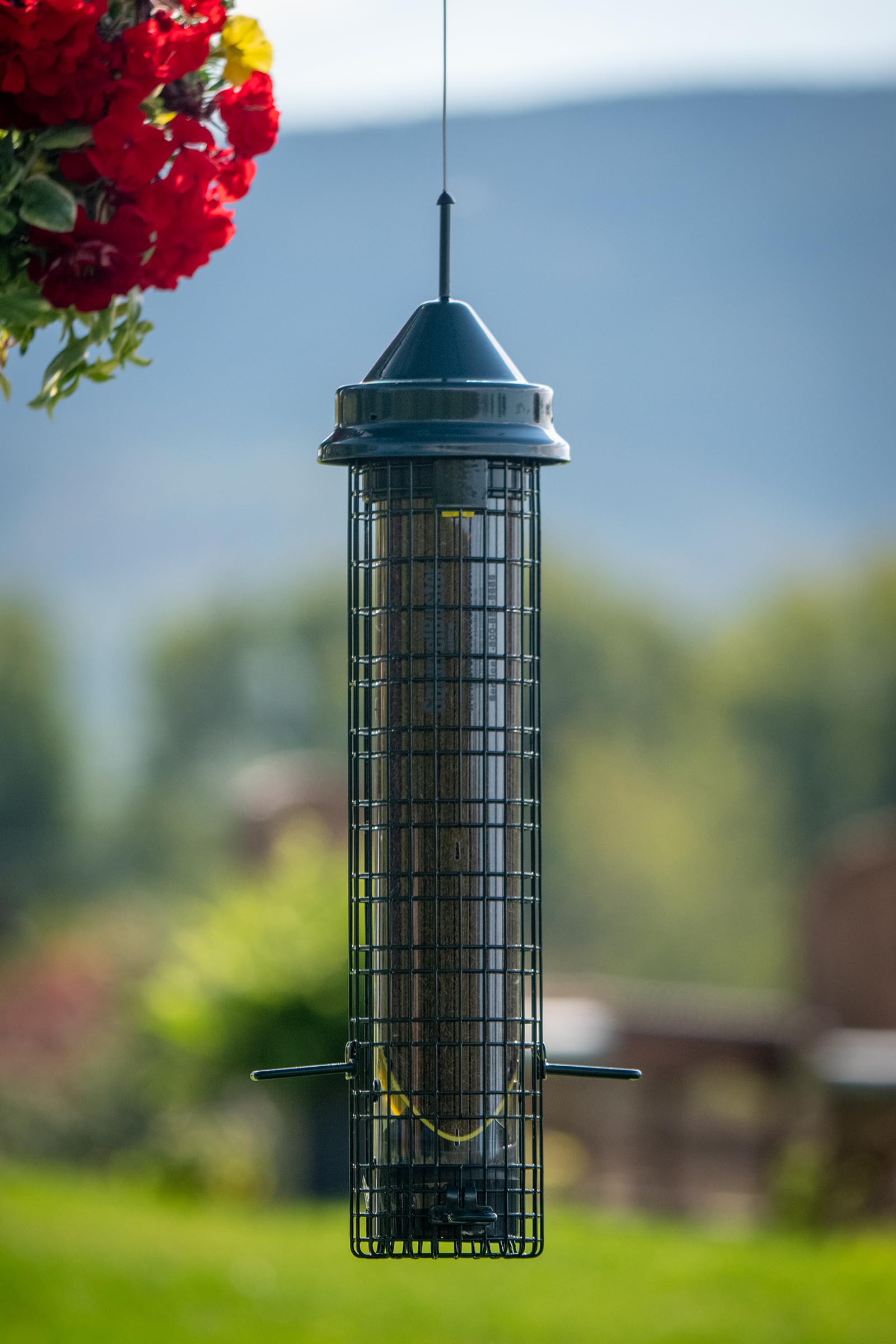 Squirrel Buster Comedero para pájaros a Prueba de Ardillas con 4 Postes de Metal y 8 Aberturas de alimentación, Capacidad de Semillas de Cardo de 2.5 Libras