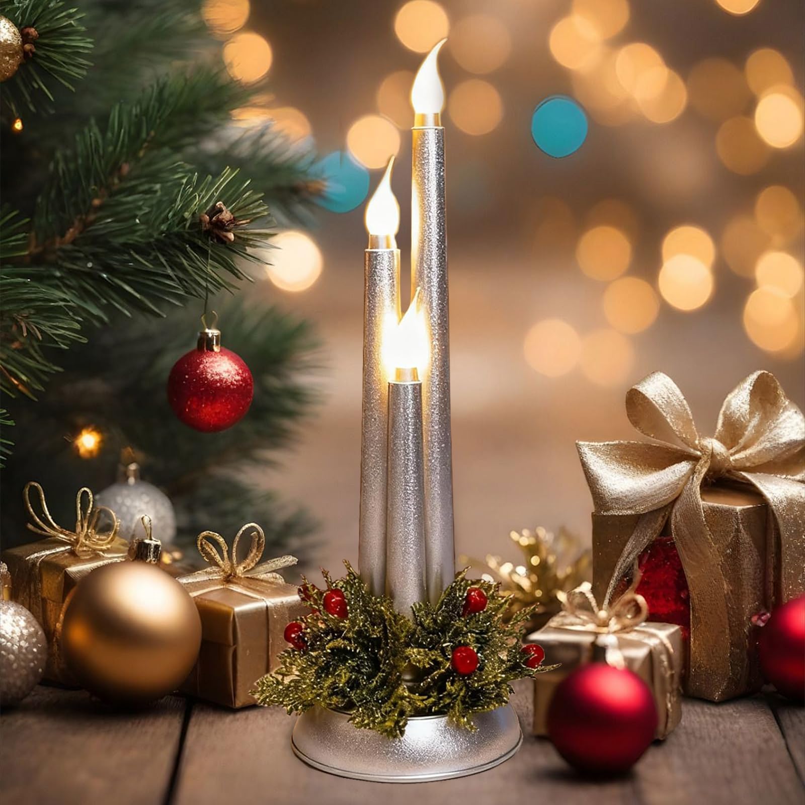 Candele natalizie a LED senza fiamma, 3 in 1, senza fiamma, corte, decorate con foglie di agrifoglio finte e bacche invernali, funzionamento a batteria, per centrotavola natalizio e decorazioni
