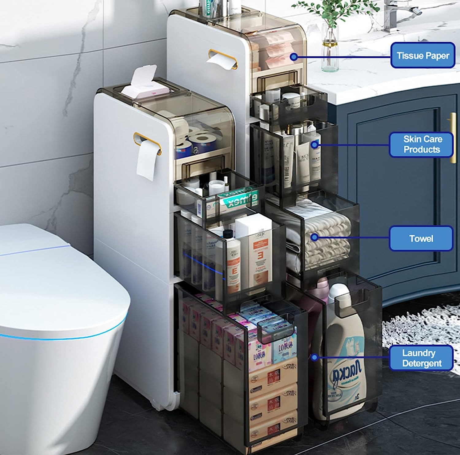 Armadietto da Pavimento per Bagno a 4 Livelli Organizer per Asciugamani Stretto e Sottile unità angolare Laterale con cassetti Trasparenti e rotelle per Cucina minuscola Lavanderia