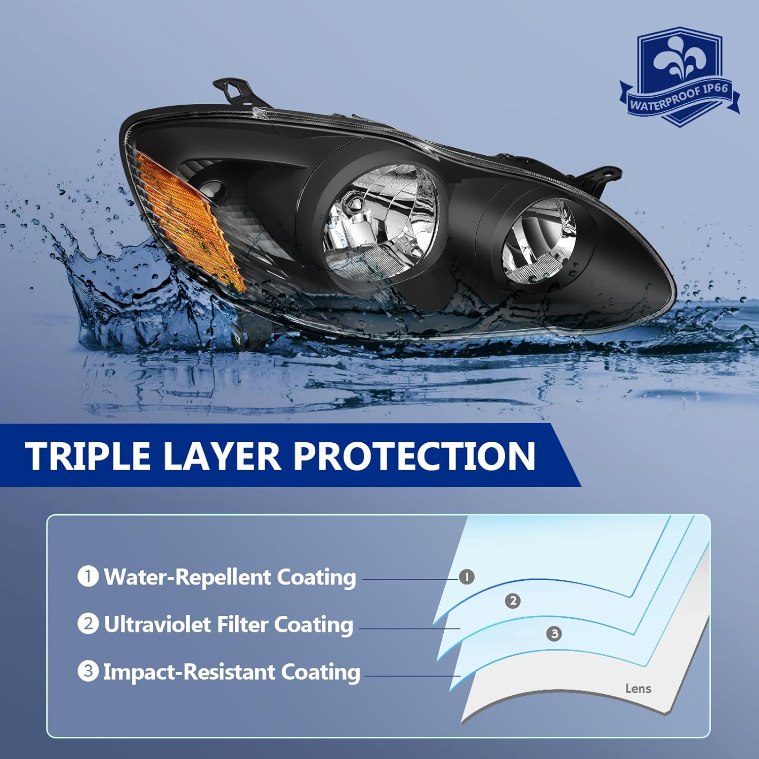 ECCPP Headlight Assembly Pair For Toyota For Corolla 2003-2008 Black Housing Amber Reflector Clear Lens Driver and Passenger Side Replacement Headlights