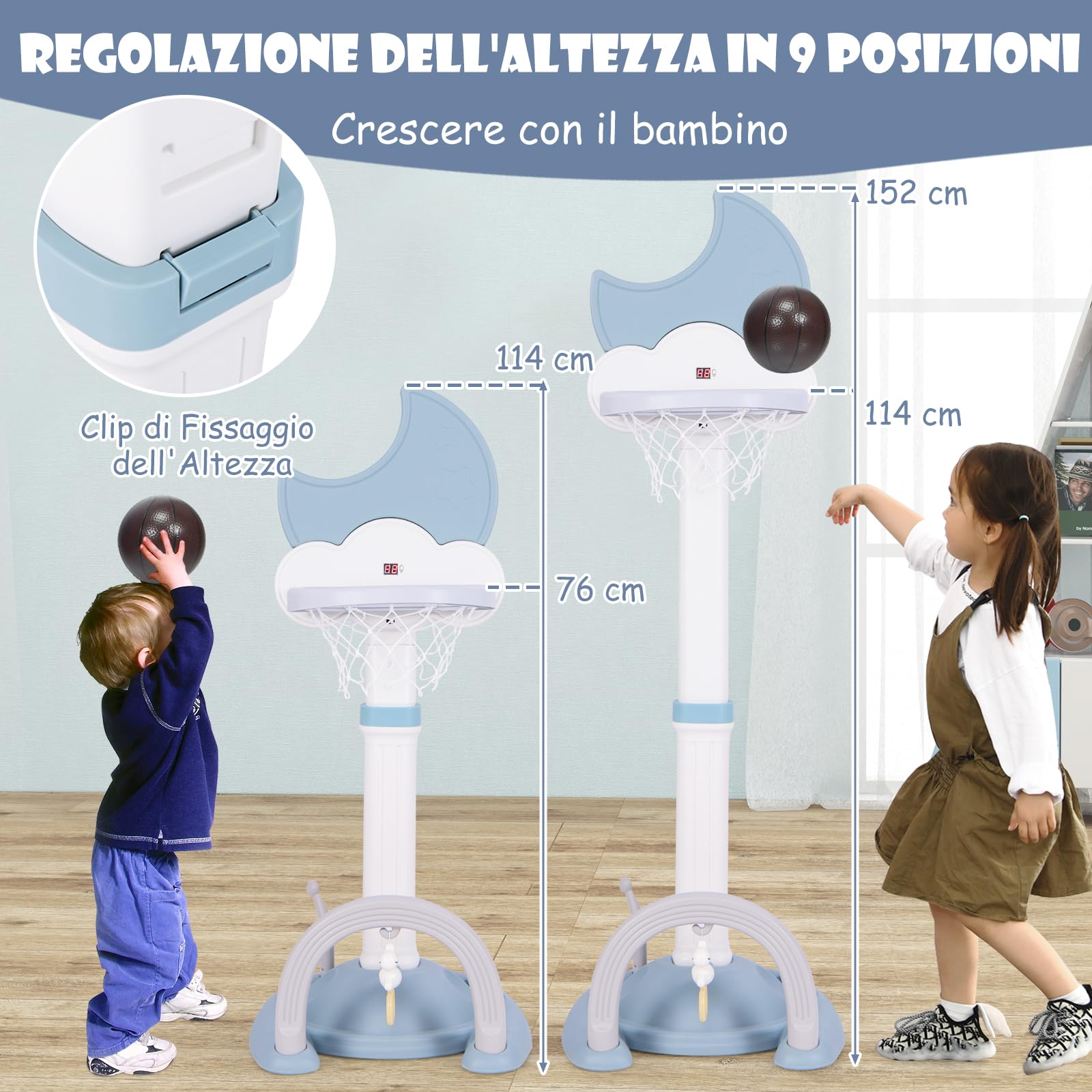 RELAX4LIFE 4 in 1 Canestro Basket per Bambini, con Basket, Calcio, Golf e Gioco del Lancio degli Anelli, Tabellone Elettronico ed Effetti Sonori, Regolabile in Altezza, 3+ Anni (BLU)