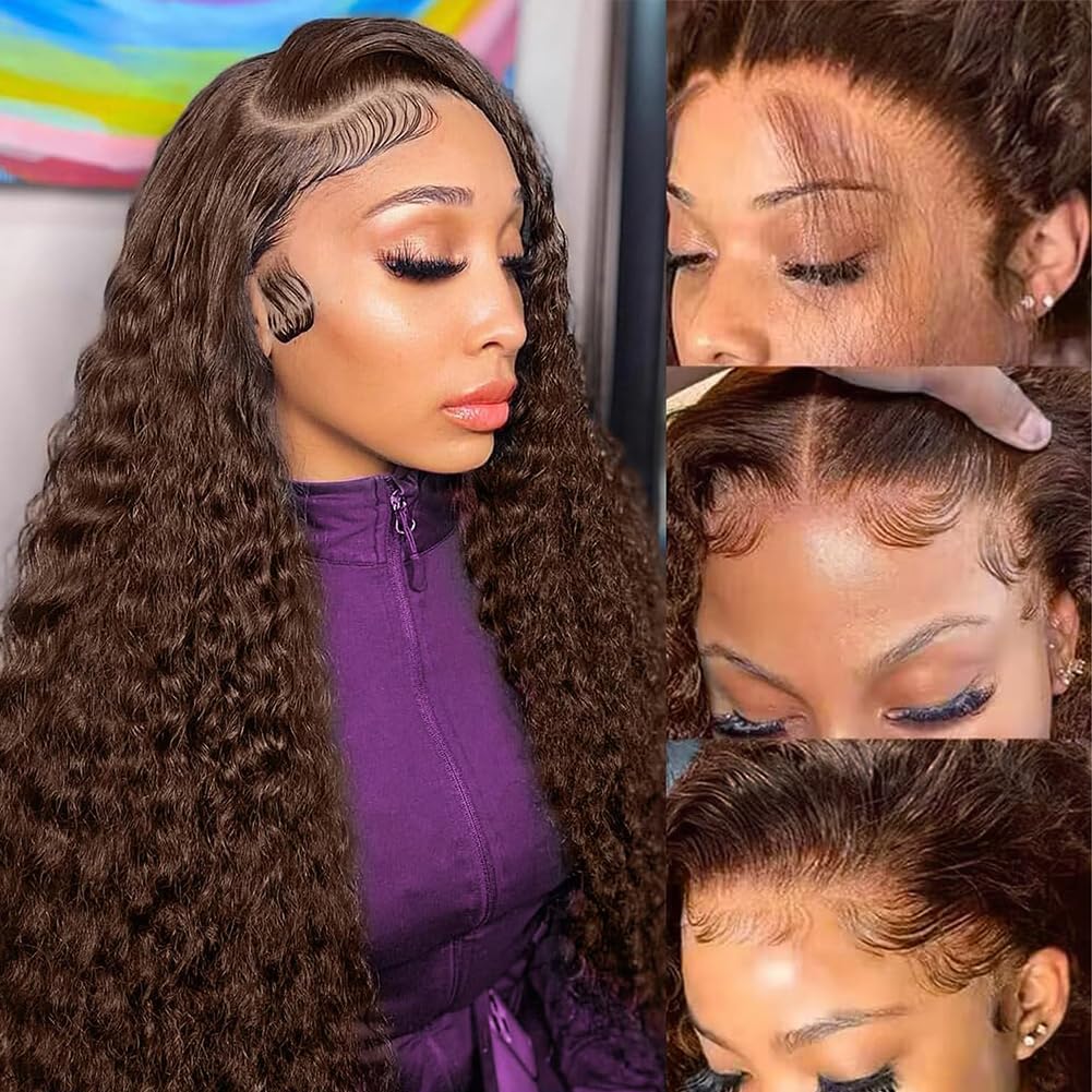 Chocolate Brown Lace Front Wig 200 Density 24 Inch 13x6 Deep Wave Lace Front Human Hair Pre Plucked Brown Curly HD Glueless Wig