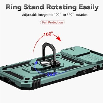 SunStory Compatible with iPhone 14 Plus Case with HD Screen Protector & Slide Camera Cover & Rotated Ring Kickstand, [Military-Grade] Phone Case for iPhone 14 Plus (Green)