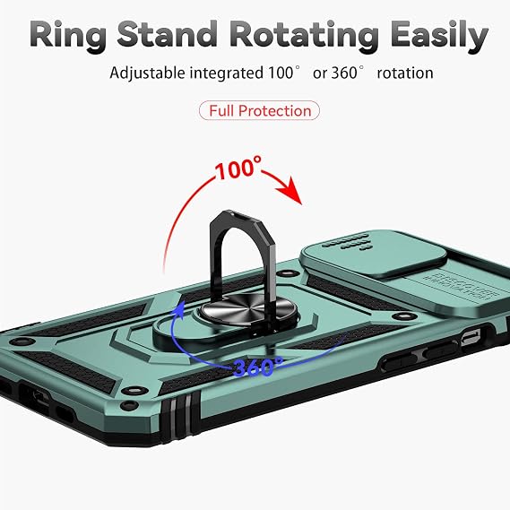 SunStory Compatible with iPhone 14 Plus Case with HD Screen Protector & Slide Camera Cover & Rotated Ring Kickstand, [Military-Grade] Phone Case for iPhone 14 Plus (Green)