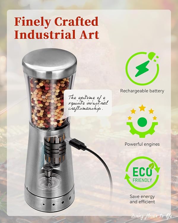 Electric Salt and Pepper Grinder Set with Storage Base, Stainless Steel Rechargeable Salt and Pepper Grinder Set with 4.5 oz Large Capacity, 1.8" Wide Mouth, Adjustable Coarseness, Ideal for Kitchen by TOMEEM - Image 4