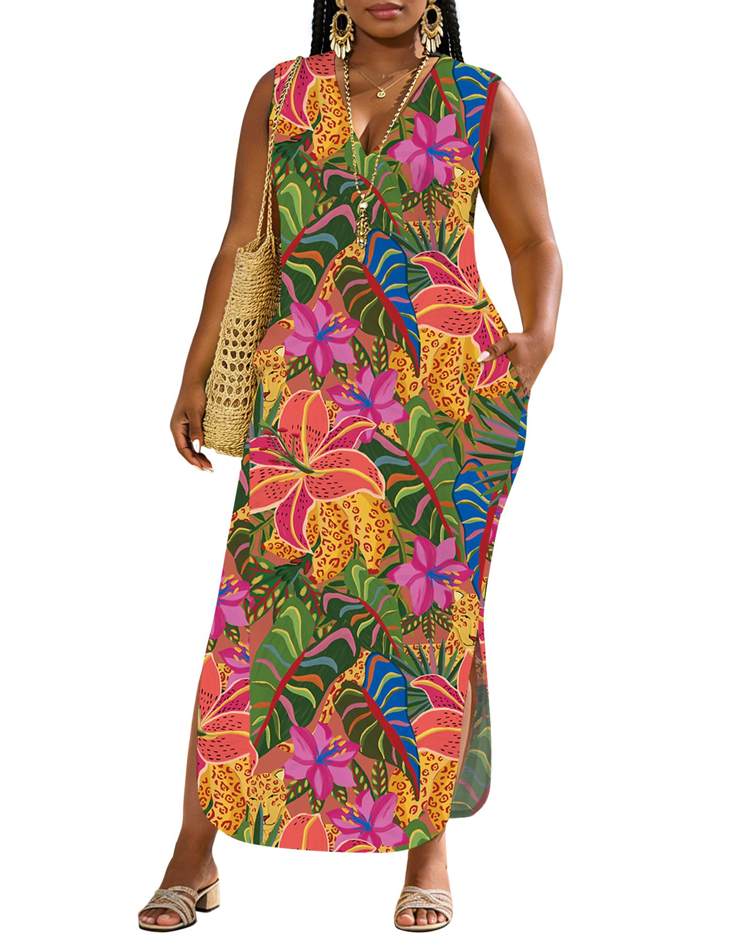 Women Summer Maxi Dresses Plus Size Casual Hawaiian Sundress Sleeveless Loose Split Beach Dress with Pockets